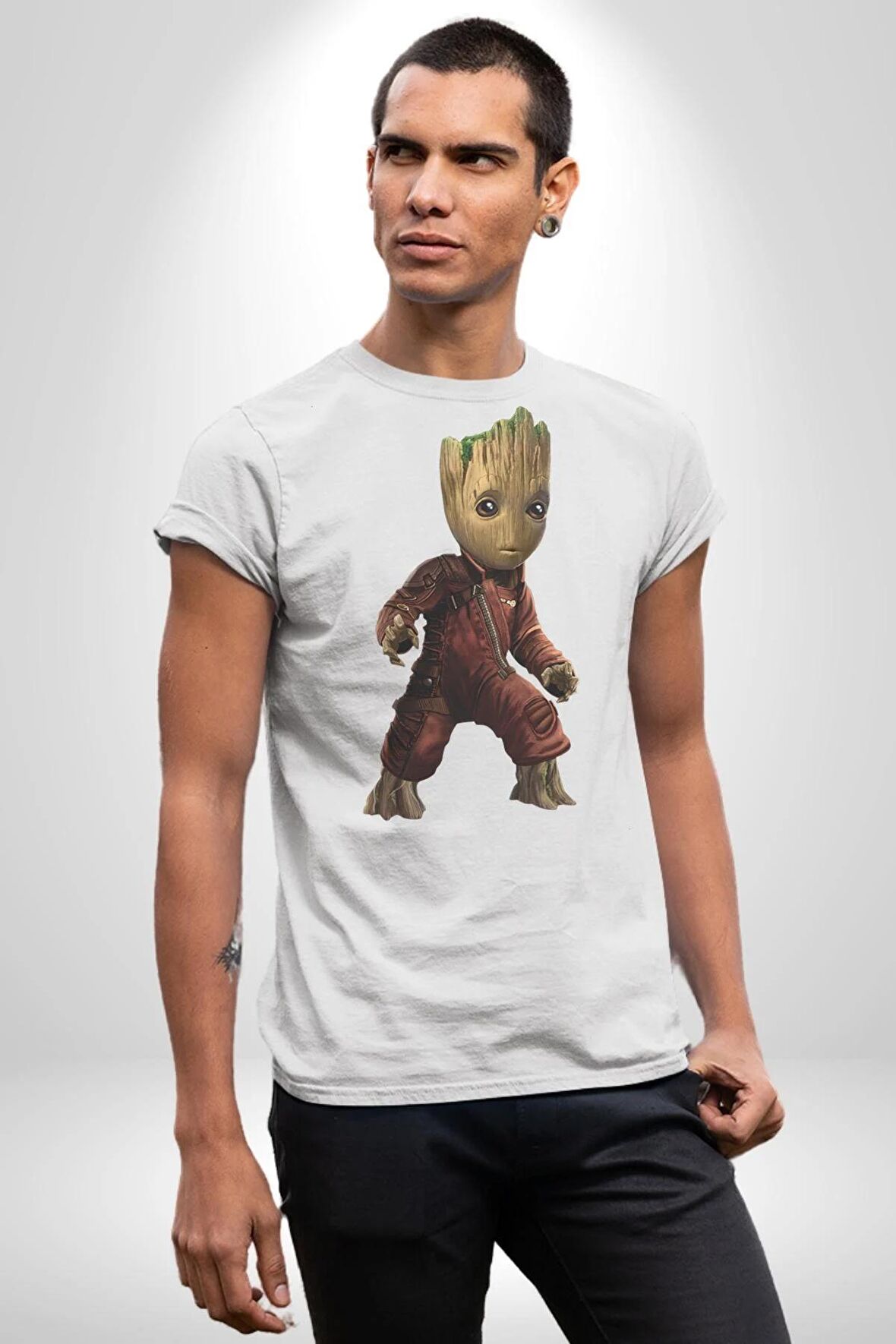 Bebek Groot Guardians Galaxy  Kadın Erkek Unisex Beyaz Organik Baskılı T-Shirt Penye Yüksek Kalite