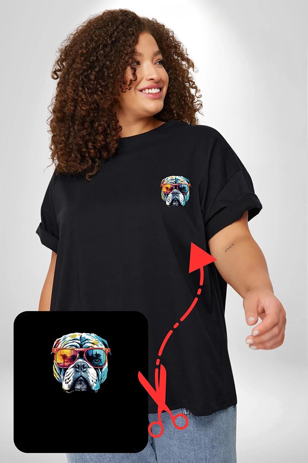 Bull Terier Köpek Gözlük Renkli  Siyah Büyük Beden Kadın Basic Minimal Baskılı Tişört