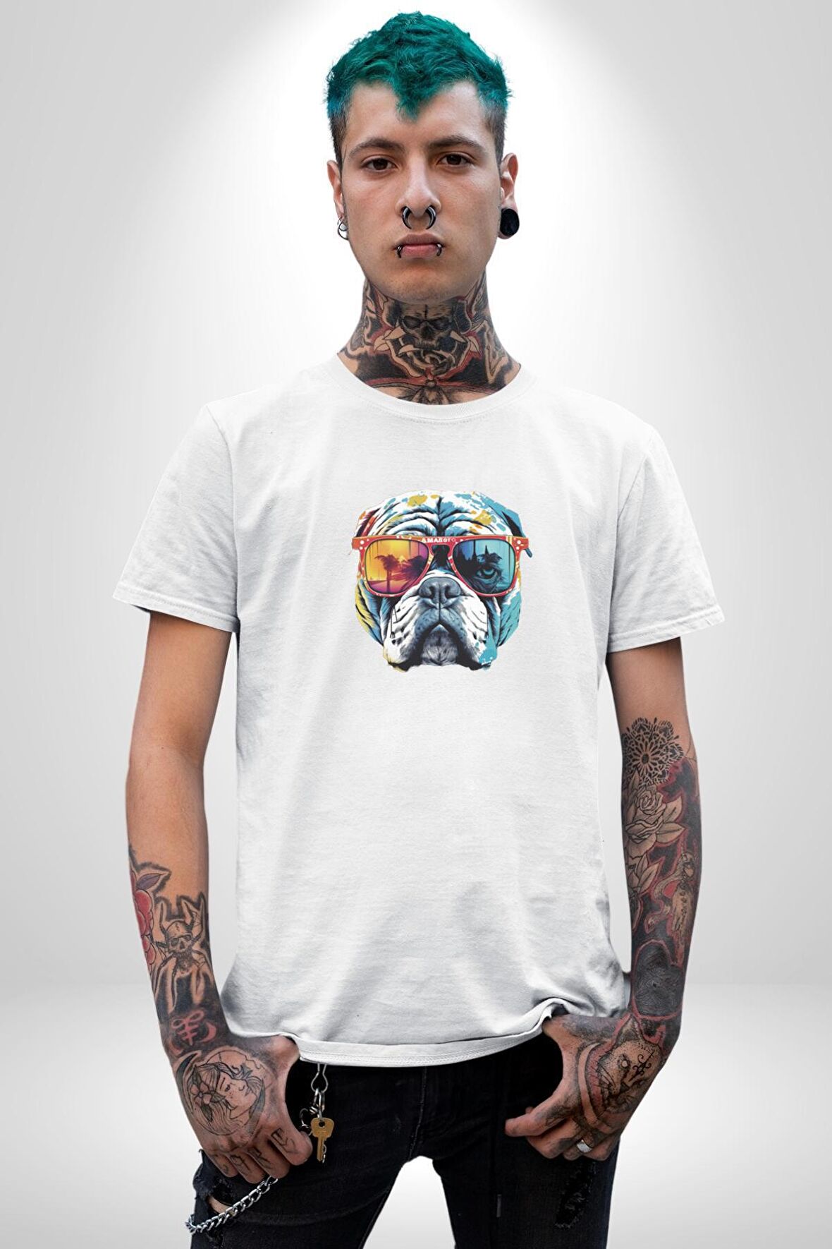Bull Terier Köpek Gözlük Renkli  Kadın Erkek Unisex Beyaz Organik Baskılı T-Shirt Penye Yüksek Kalite