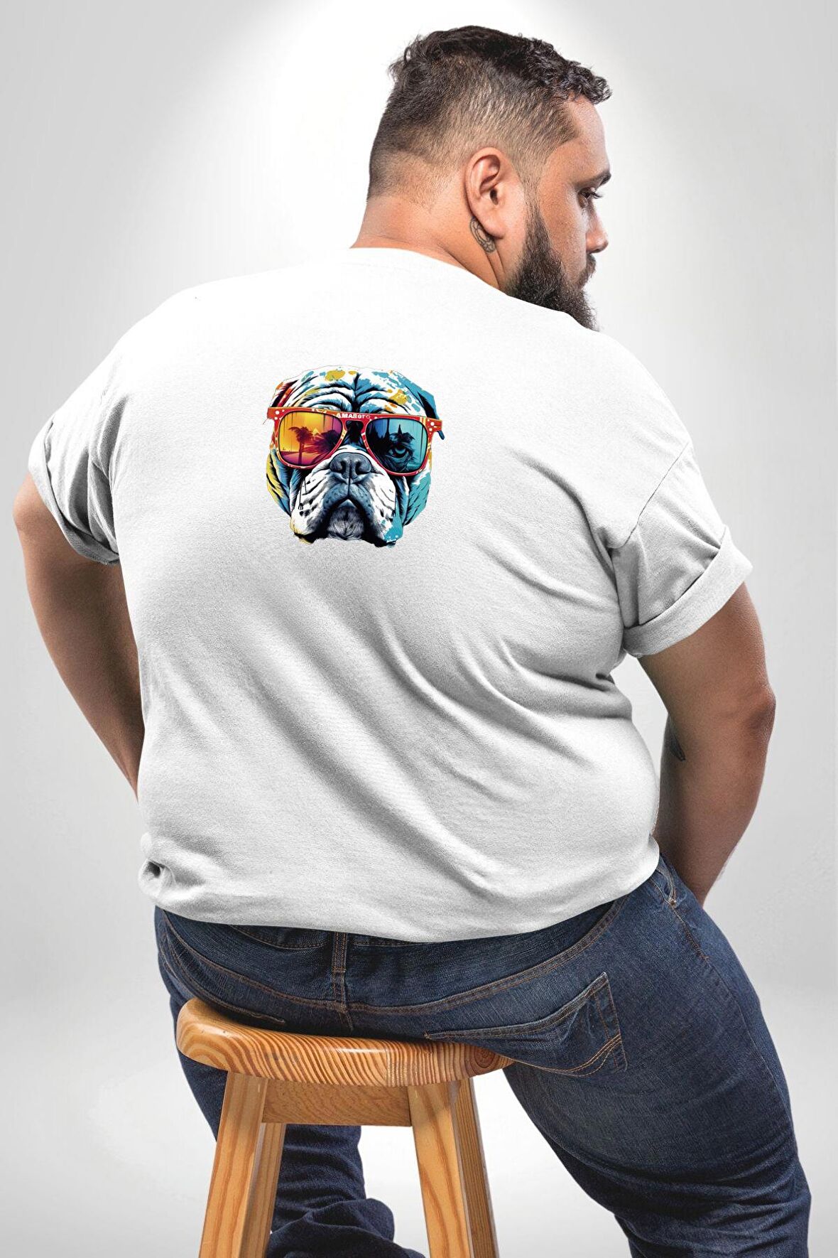 Bull Terier Köpek Gözlük Renkli  Büyük Beden Beyaz Tişört Kadın Erkek Ünisex Sırt Baskılı