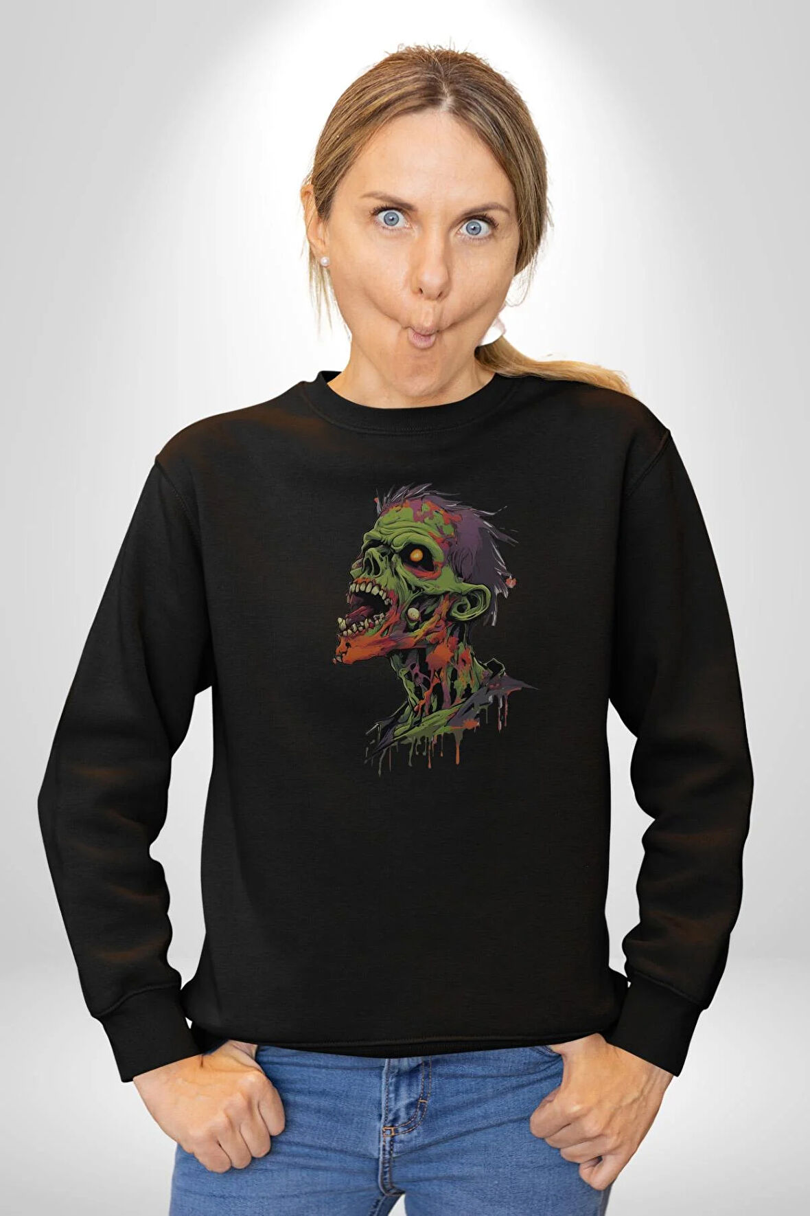 Zombi Kafası Kadın Erkek  Siyah Baskılı Sweatshirt 