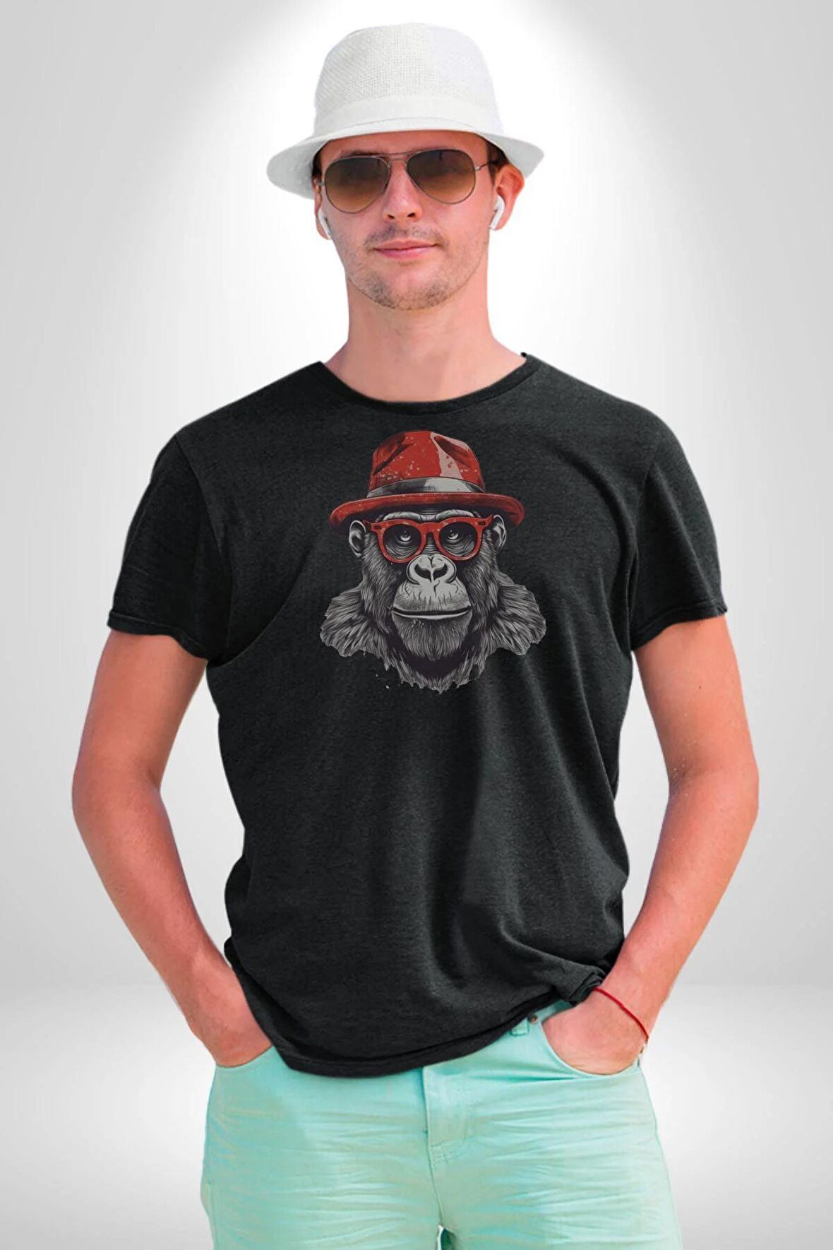 Kırmızı Şapkalı Gözlüklü Maymun Kadın Erkek Unisex Siyah Organik Baskılı T-Shirt Penye Yüksek Kalite