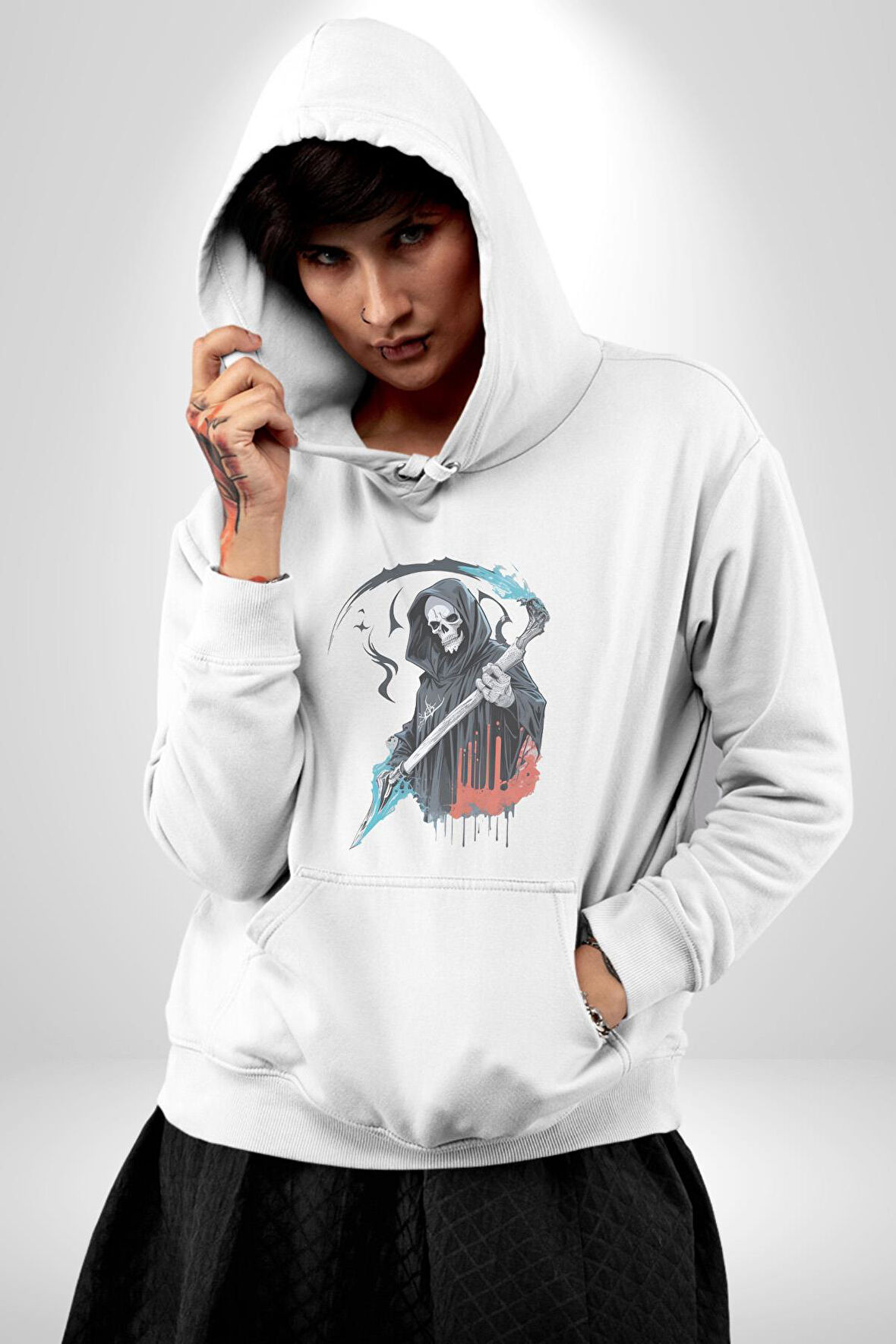 Azrail Ölüm Tanrısı İskelet Kadın Erkek  Beyaz Kapüşonlu Sweatshirt Hoodie