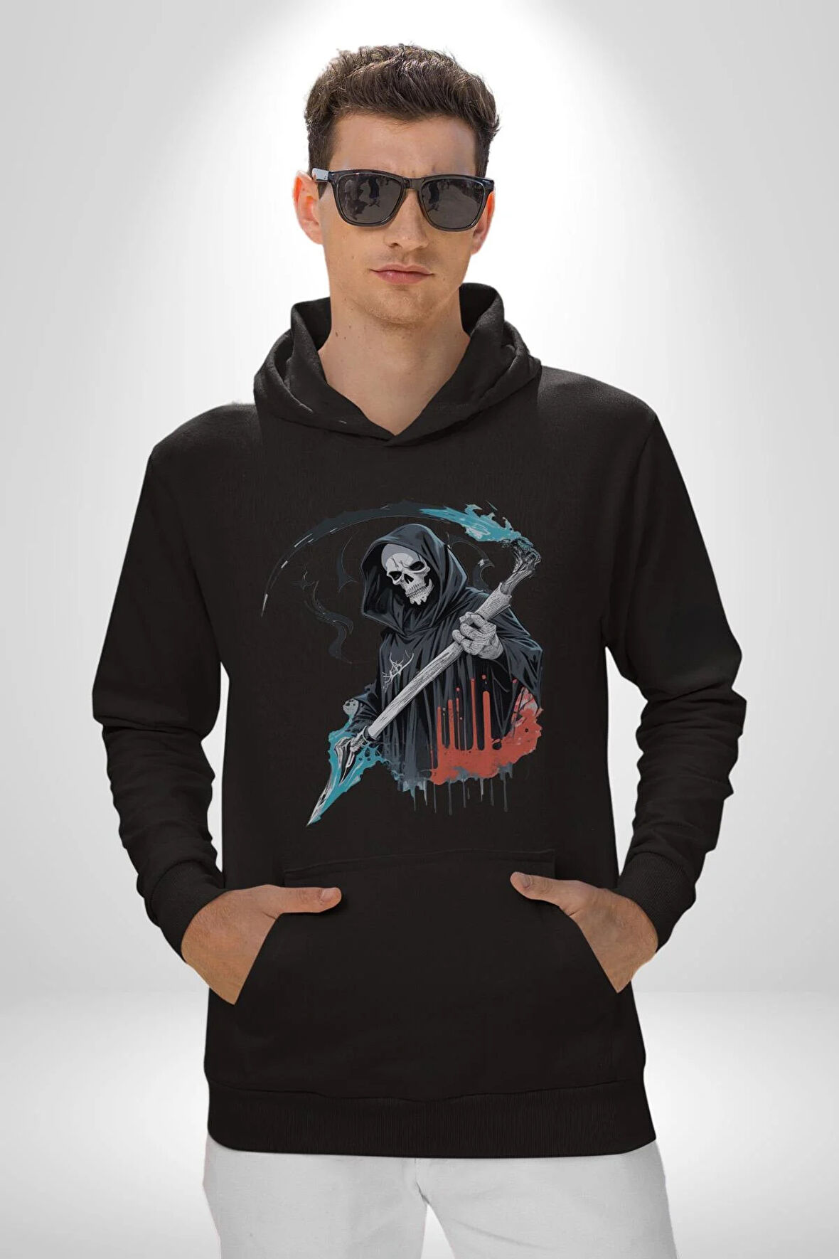 Azrail Ölüm Tanrısı İskelet Kadın Erkek  Siyah Kapüşonlu Sweatshirt Hoodie