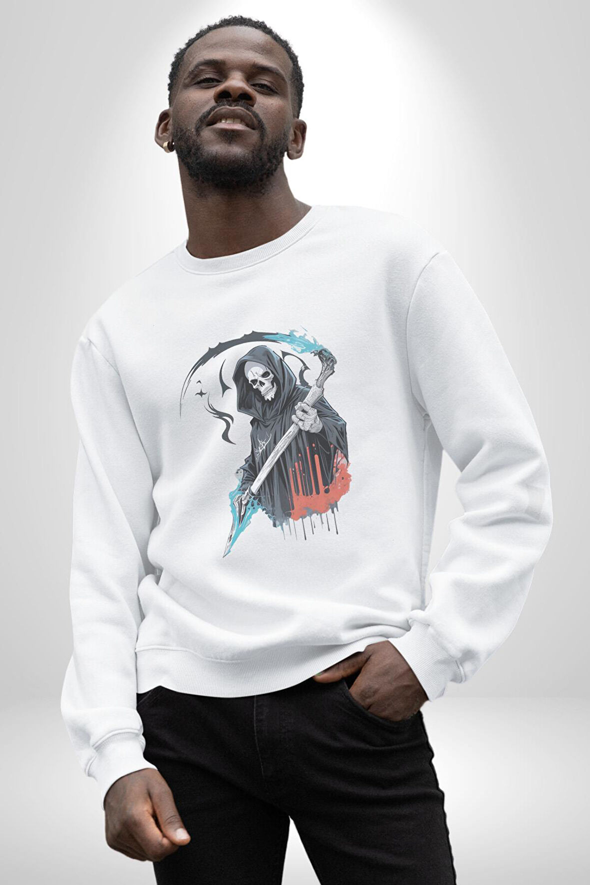 Azrail Ölüm Tanrısı İskelet Kadın Erkek  Beyaz Baskılı Sweatshirt 