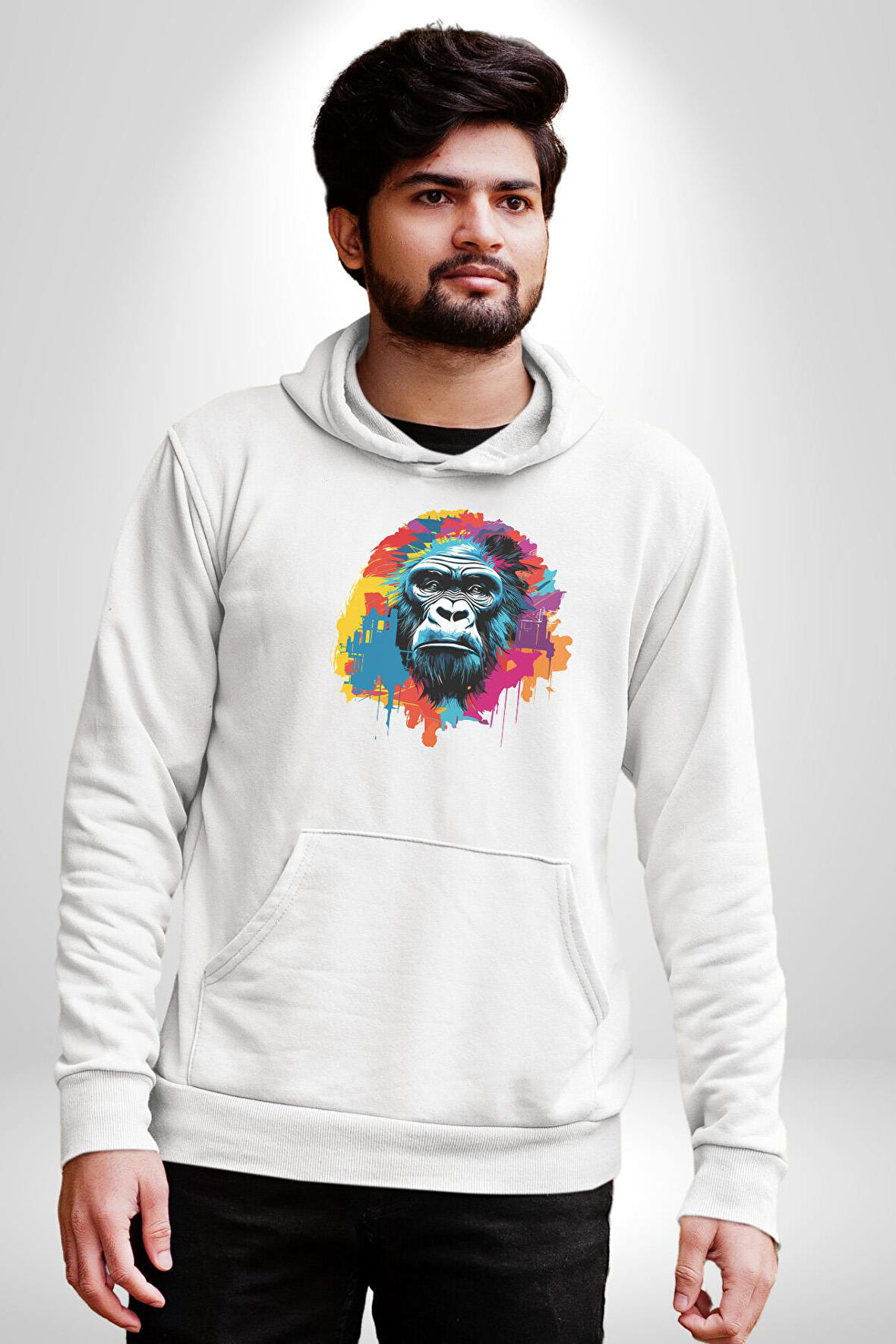 Renkli Maymun Goril Kadın Erkek  Beyaz Kapüşonlu Sweatshirt Hoodie