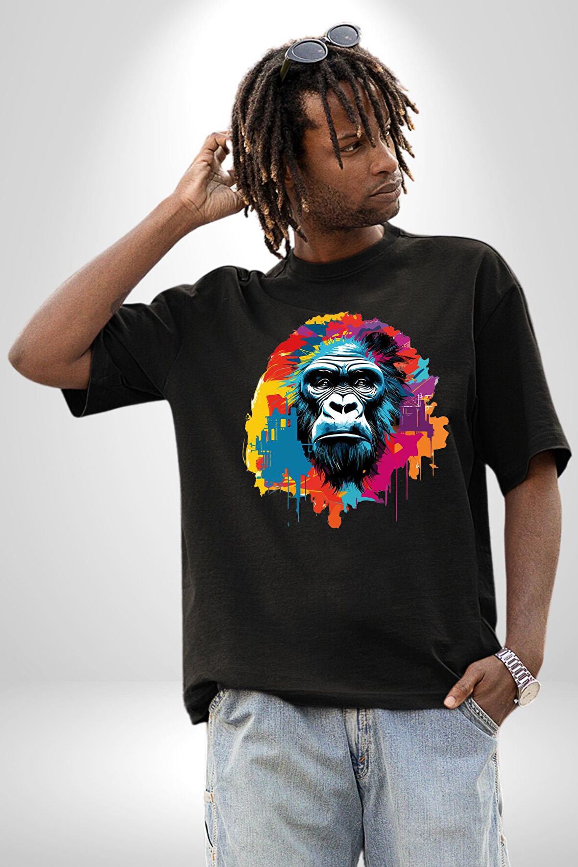 Renkli Maymun Goril Pamuklu Bisiklet Yaka Kadın Erkek Oversize Boyfriend Dijital Baskılı Siyah T-shirt