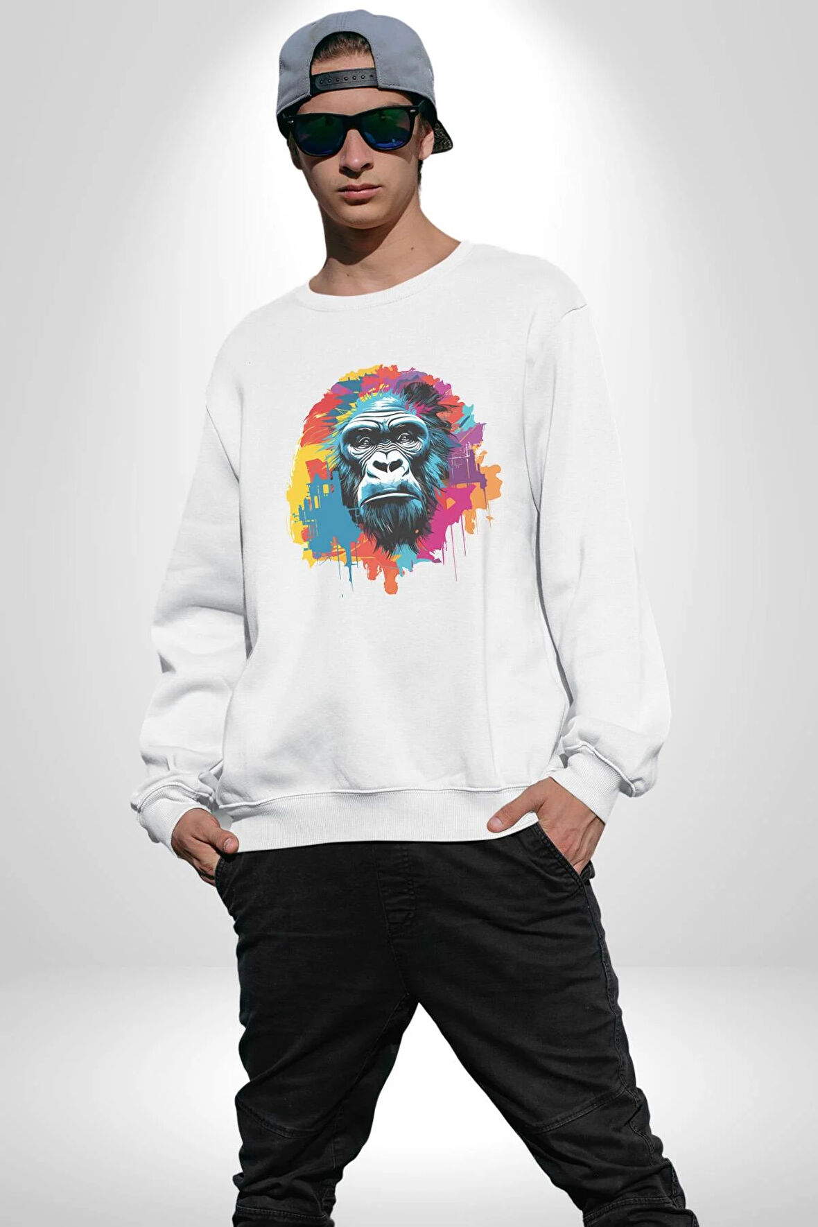 Renkli Maymun Goril Kadın Erkek  Beyaz Baskılı Sweatshirt 