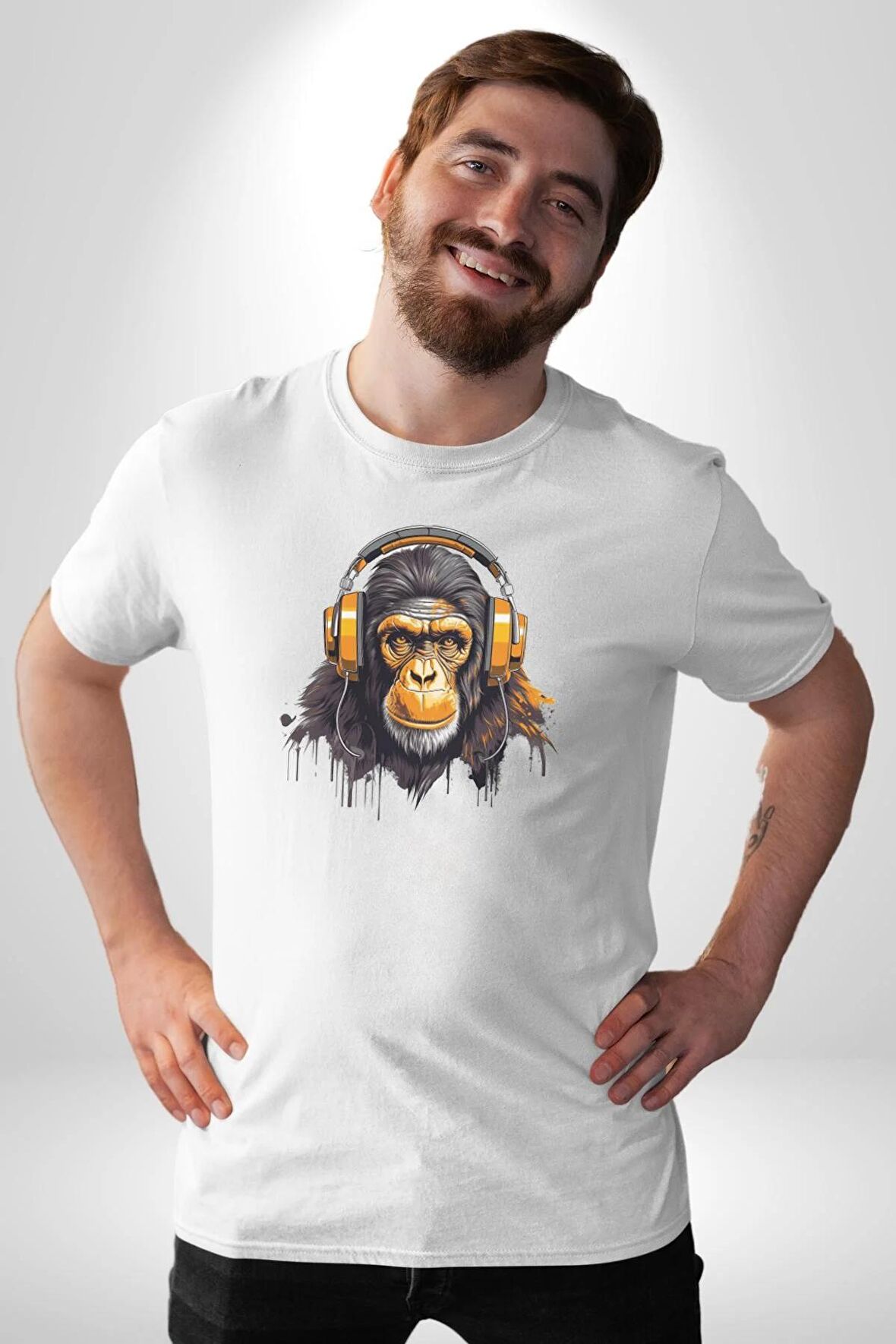 Maymun Altın Kulaklık Müzik  Kadın Erkek Unisex Beyaz Organik Baskılı T-Shirt Penye Yüksek Kalite