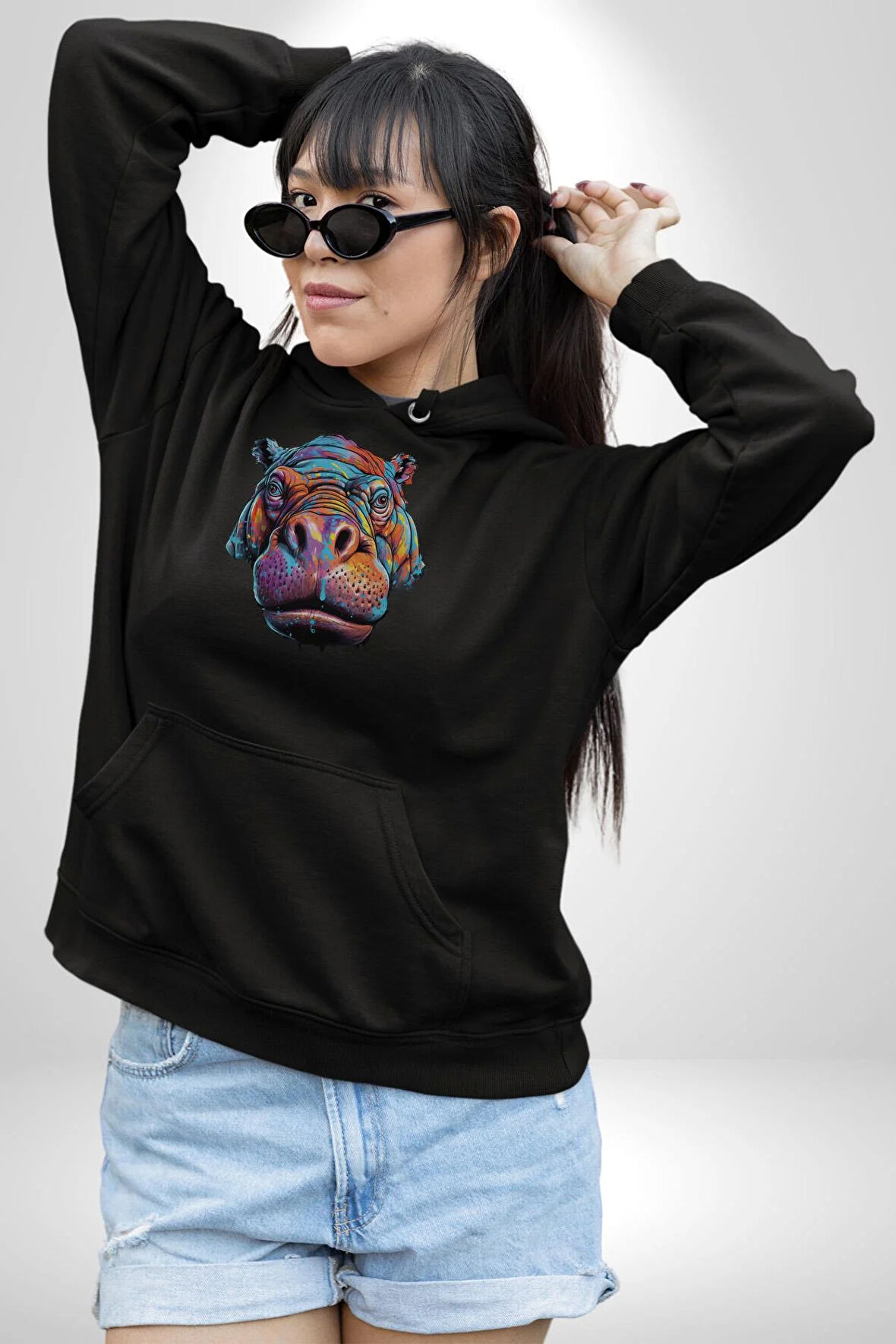 Su Aygırı Hipopotamo Renkli Kadın Erkek  Siyah Kapüşonlu Sweatshirt Hoodie