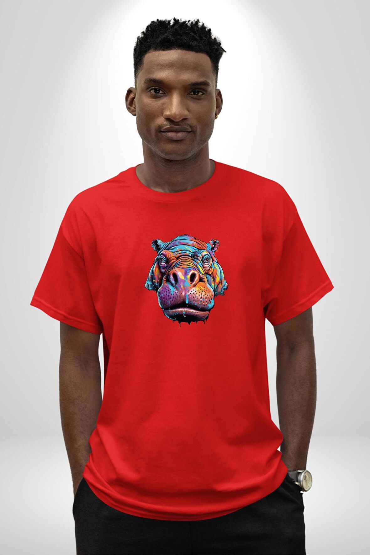 Su Aygırı Hipopotamo Renkli Pamuklu Bisiklet Yaka Kadın Erkek Oversize Boyfriend Dijital Baskılı Kırmızı T-Shirt