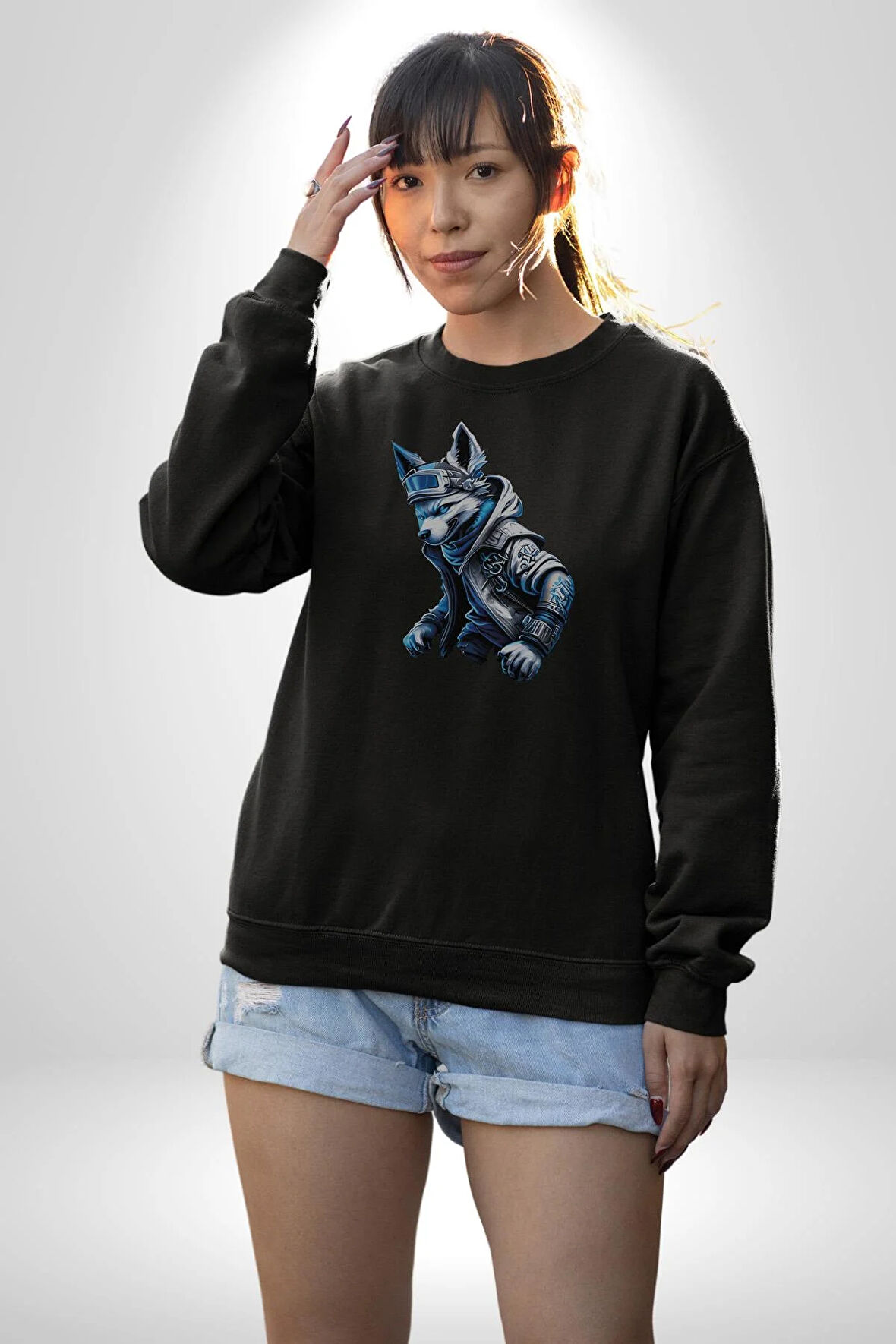 Mavi Beyaz Ateşli Kurt Kadın Erkek  Siyah Baskılı Sweatshirt 
