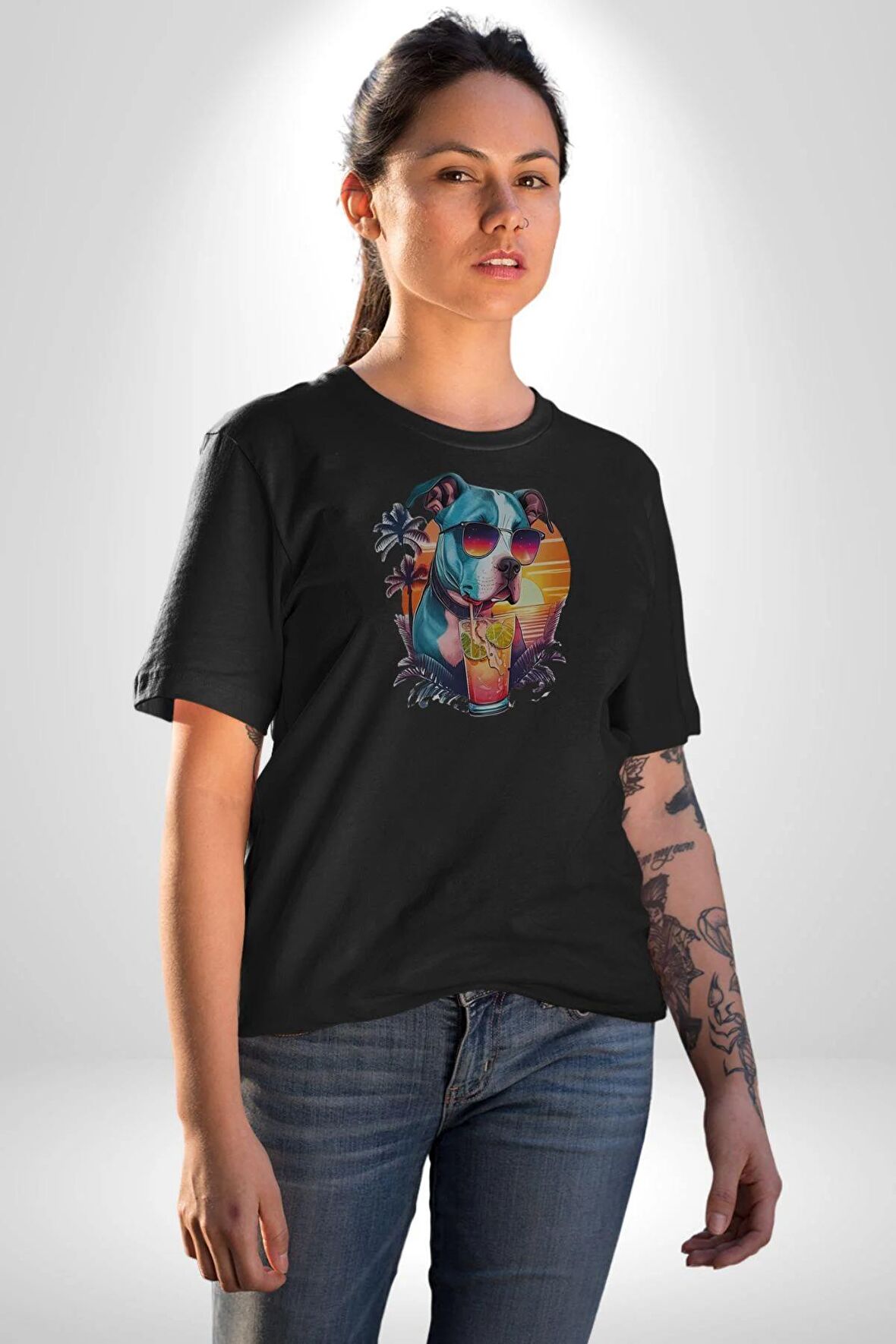 Tatil Köpek Soğuk Kokteyl İçeçek Kadın Erkek Unisex Siyah Organik Baskılı T-Shirt Penye Yüksek Kalite