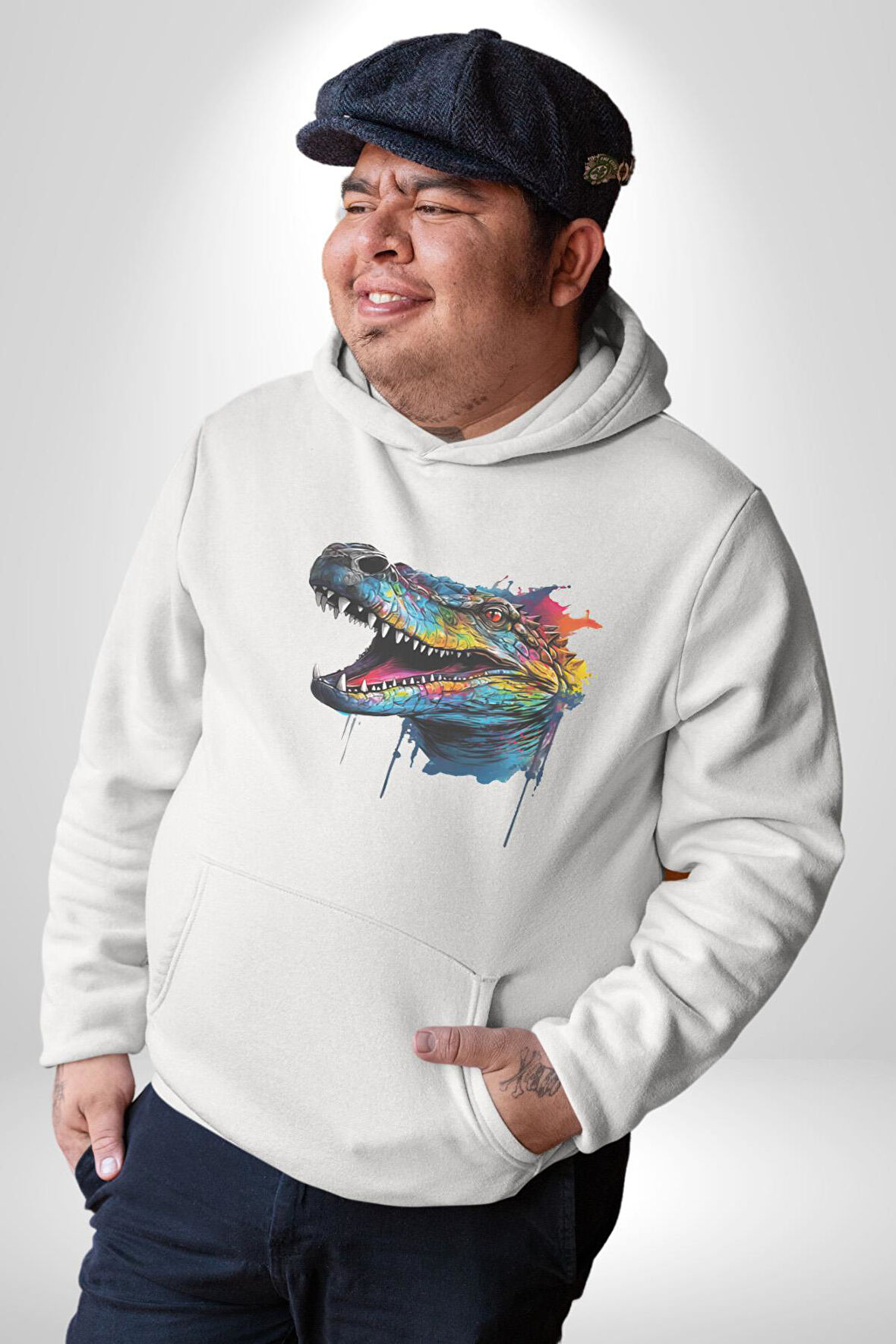 Timsah Renkli Kafası  Kadın Erkek  Beyaz Kapüşonlu Sweatshirt Hoodie
