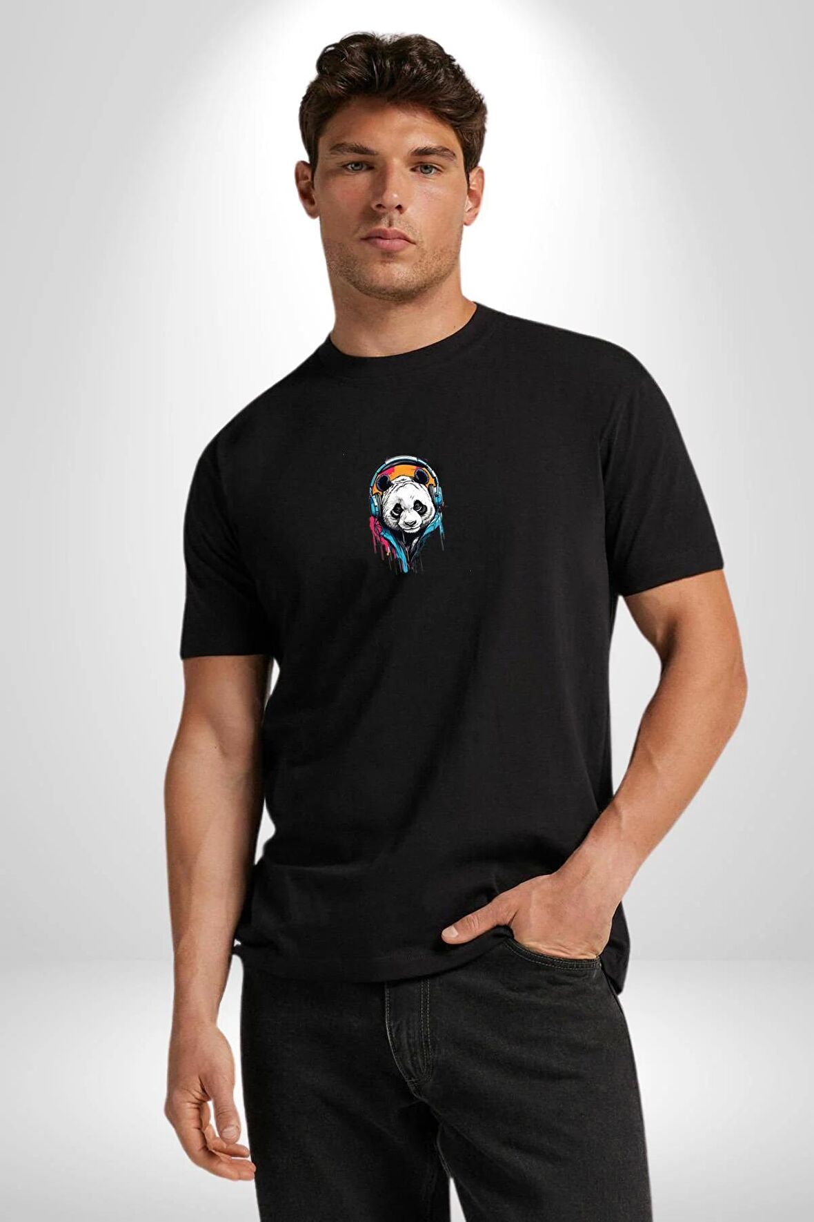 Kulaklık Ayı Panda Siyah Oversize Kadın Erkek Ön Orta Minimal Baskılı Tişört