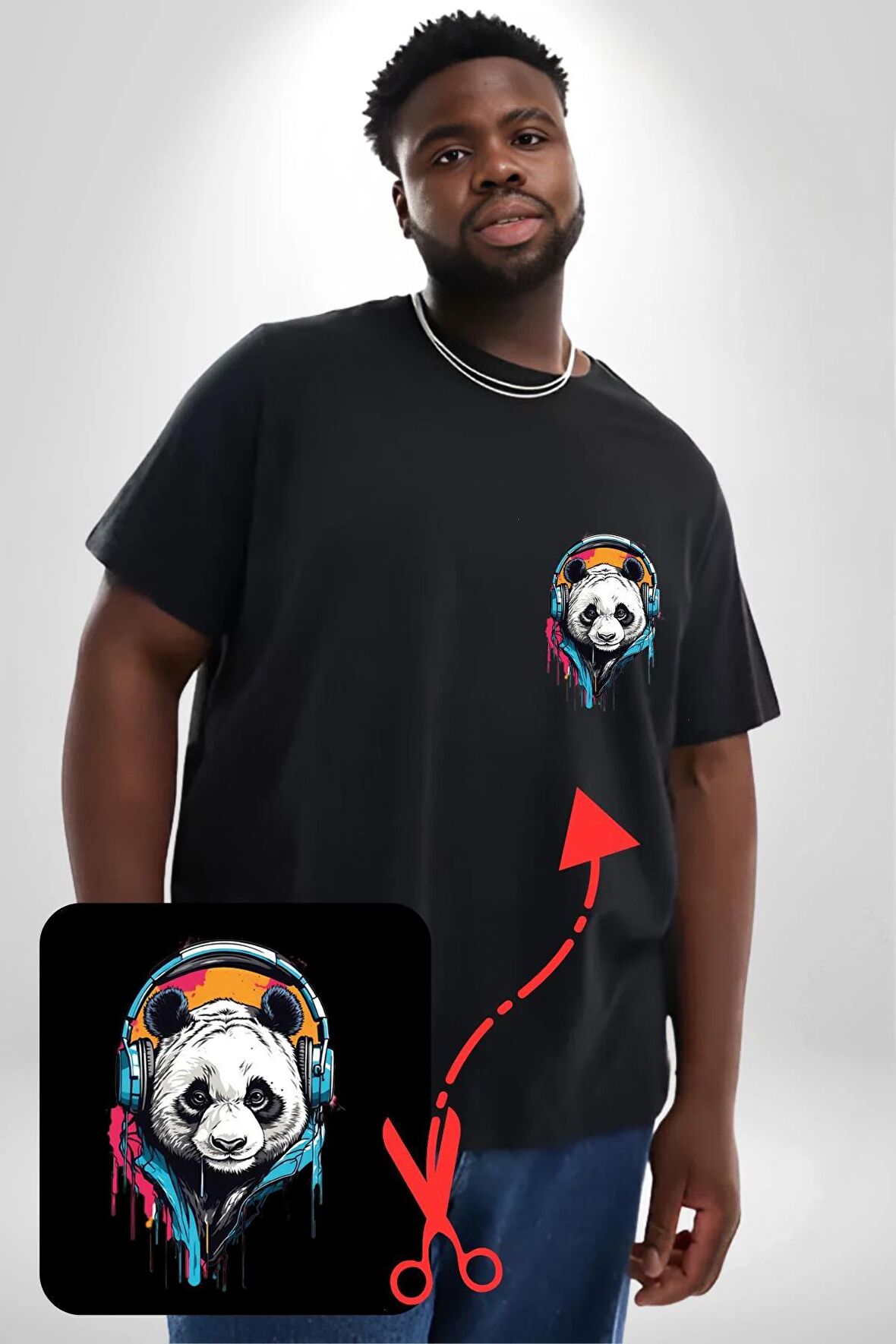 Kulaklık Ayı Panda Siyah Büyük Beden Kadın Basic Minimal Baskılı Tişört