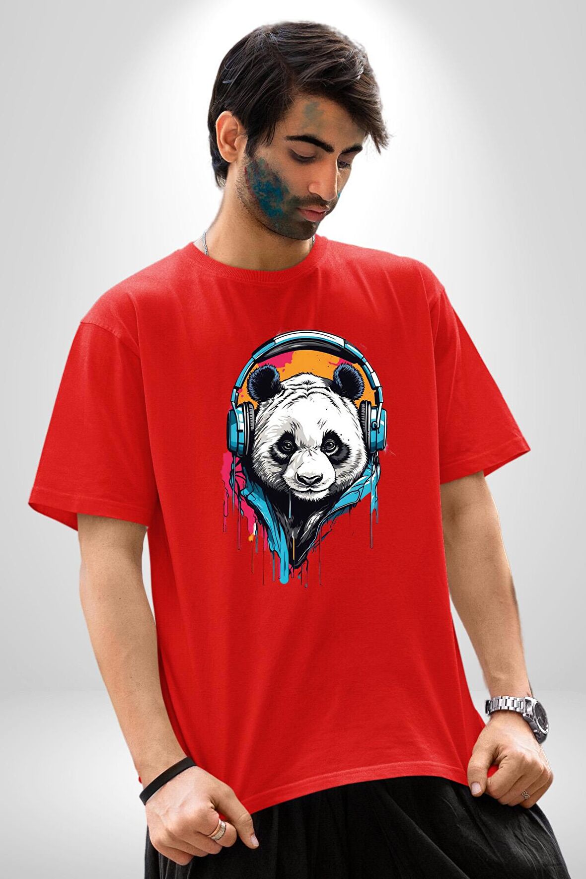 Kulaklık Ayı Panda Pamuklu Bisiklet Yaka Kadın Erkek Oversize Boyfriend Dijital Baskılı Kırmızı T-Shirt