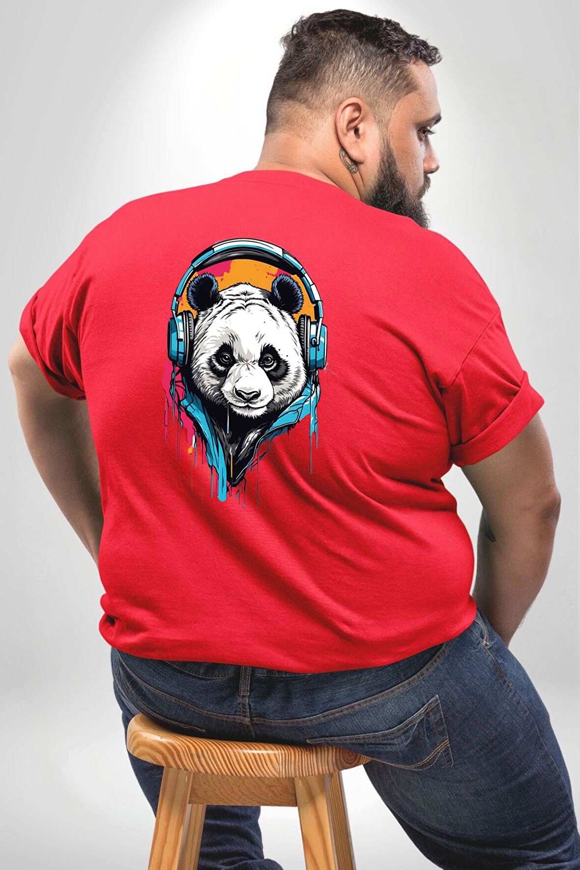 Kulaklık Ayı Panda Büyük Beden Kırmızı Tişört Kadın Erkek Ünisex Sırt Baskılı