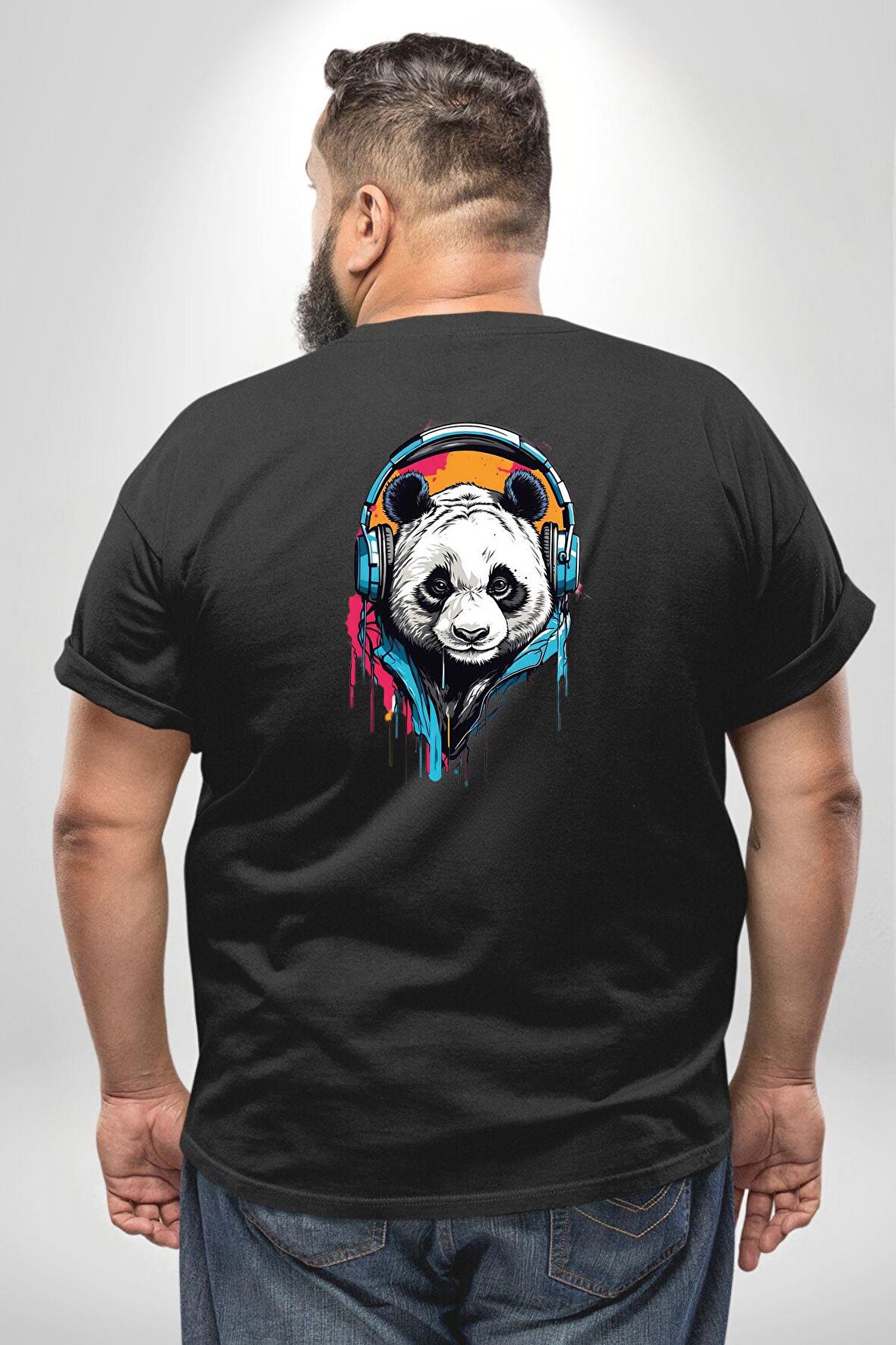 Kulaklık Ayı Panda Büyük Beden Siyah Tişört Kadın Erkek Ünisex Sırt Baskılı