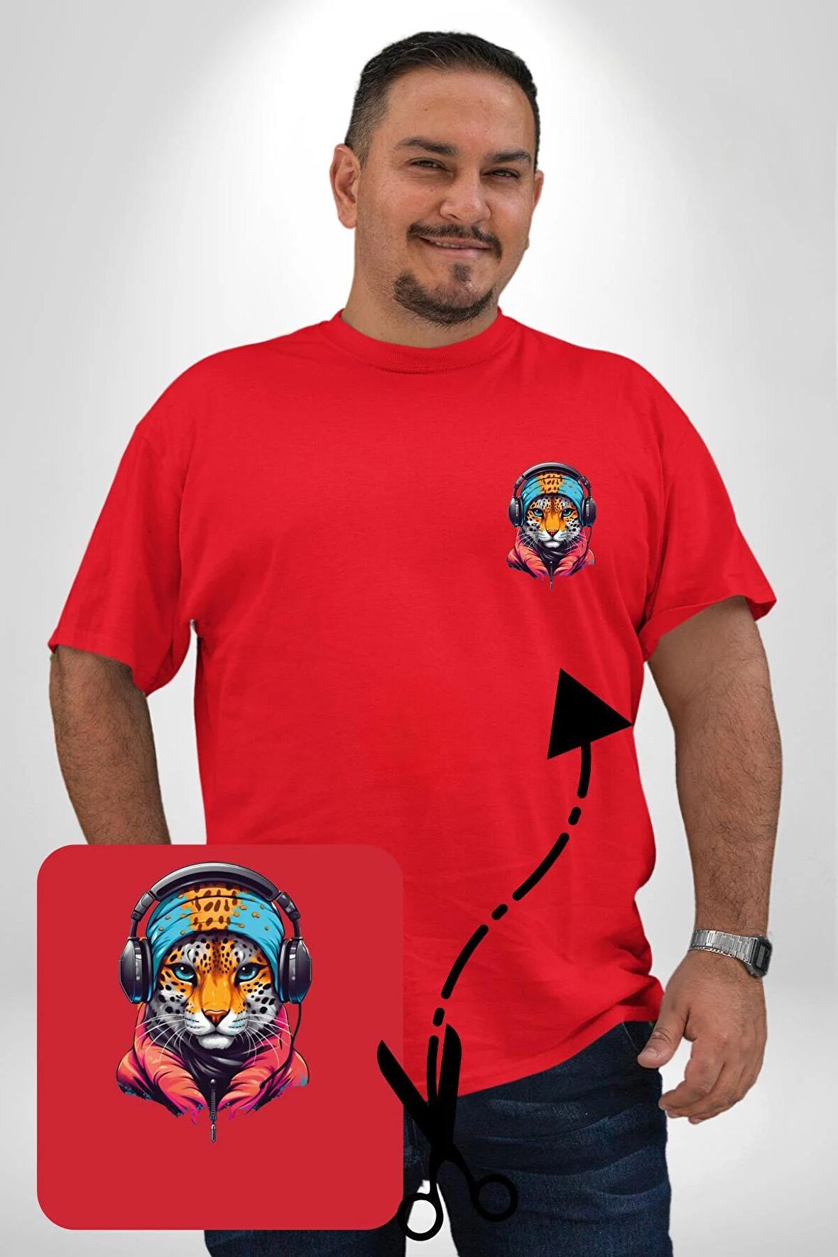 Kulaklık Kedi Leopar Bandana Kırmızı Büyük Beden Kadın Basic Minimal Baskılı Tişört