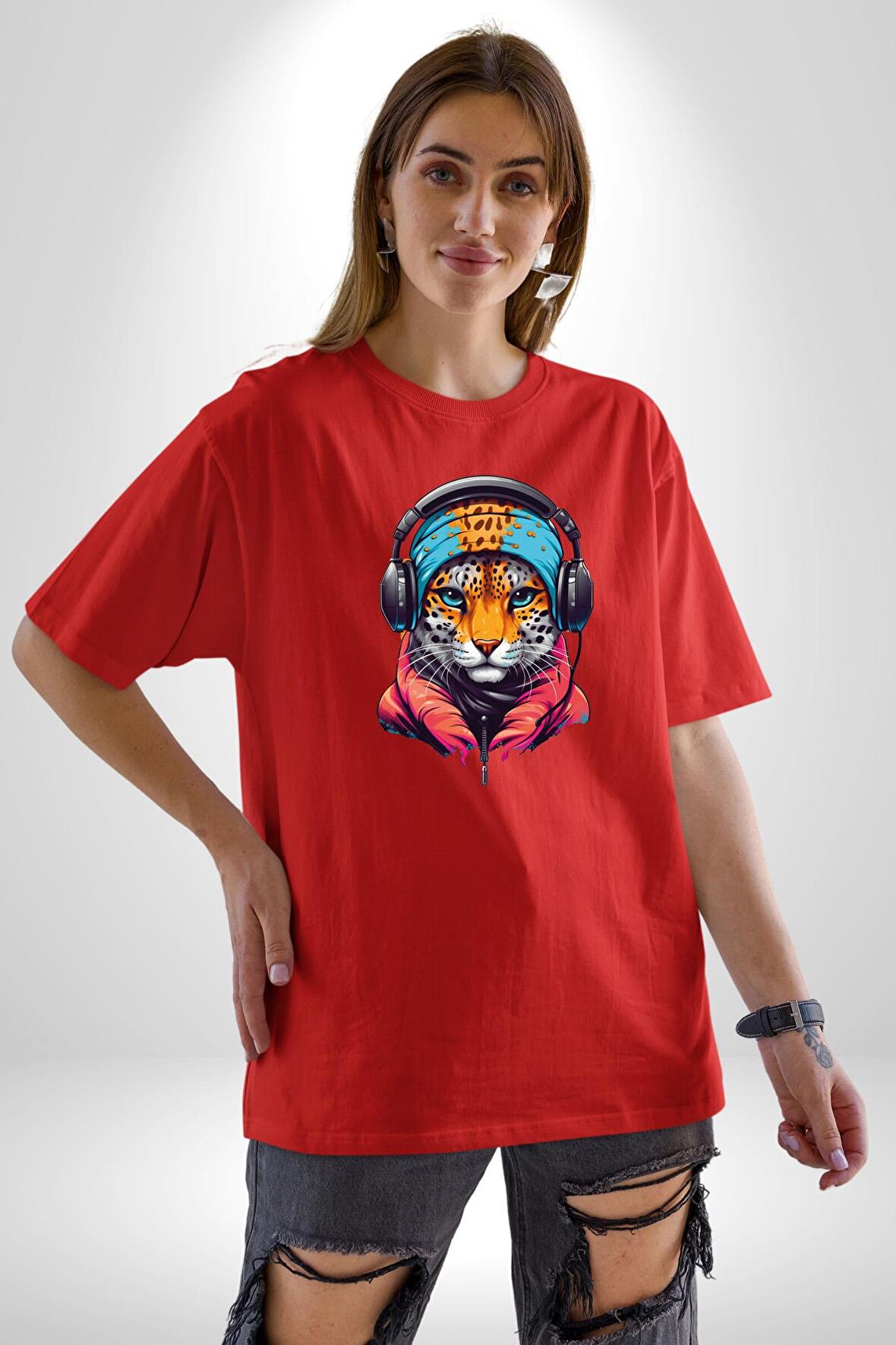 Kulaklık Kedi Leopar Bandana Pamuklu Bisiklet Yaka Kadın Erkek Oversize Boyfriend Dijital Baskılı Kırmızı T-Shirt