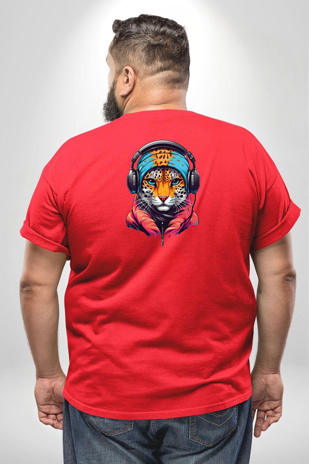 Kulaklık Kedi Leopar Bandana Büyük Beden Kırmızı Tişört Kadın Erkek Ünisex Sırt Baskılı