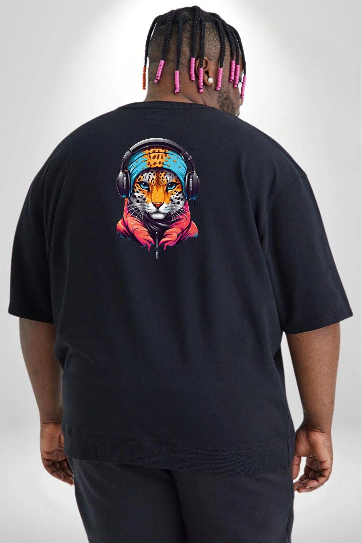 Kulaklık Kedi Leopar Bandana Büyük Beden Siyah Tişört Kadın Erkek Ünisex Sırt Baskılı