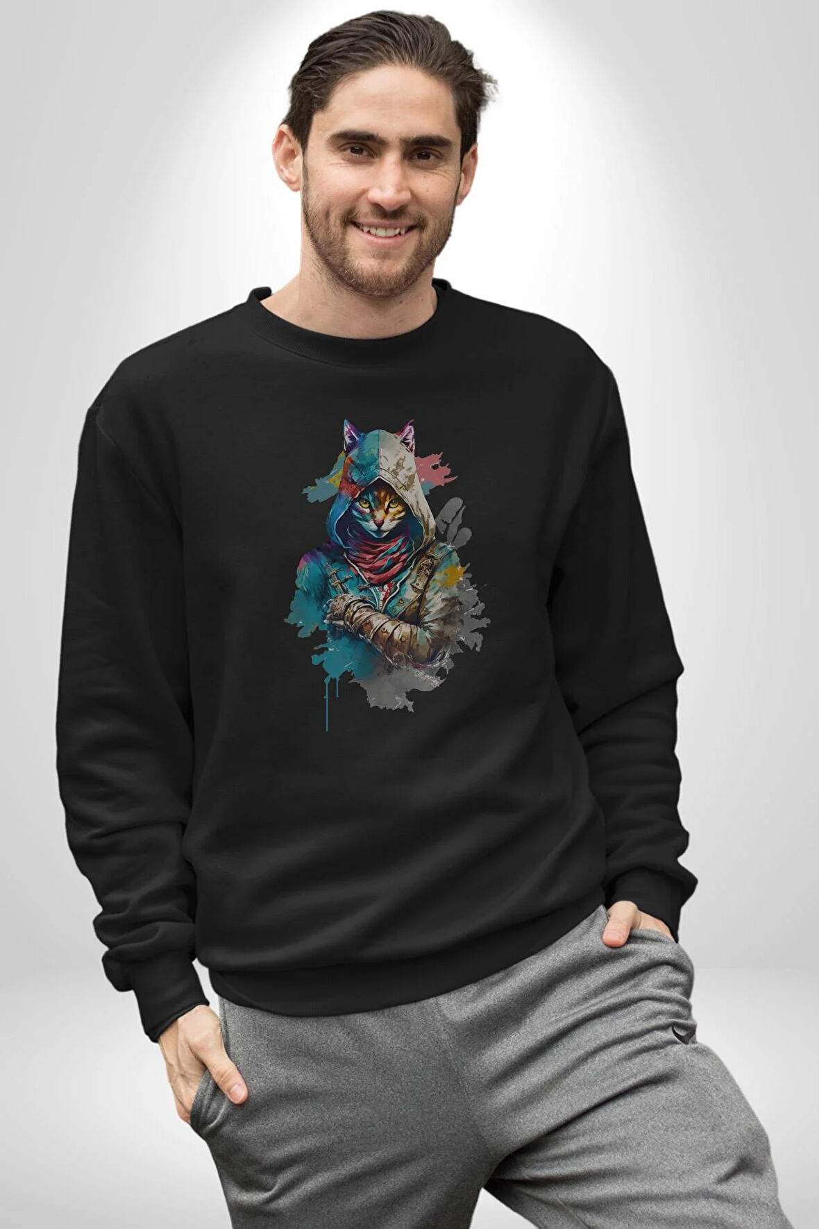 Kedi Assassin's Creed  Kadın Erkek  Siyah Baskılı Sweatshirt 