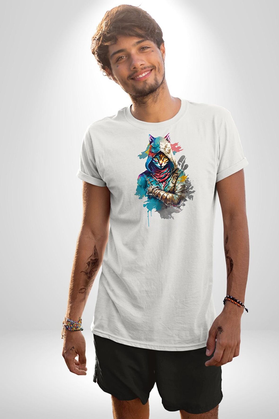 Kedi Assassin's Creed  Kadın Erkek Unisex Beyaz Organik Baskılı T-Shirt Penye Yüksek Kalite