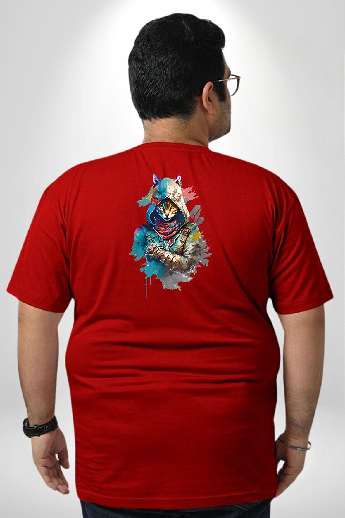 Kedi Assassin's Creed  Büyük Beden Kırmızı Tişört Kadın Erkek Ünisex Sırt Baskılı