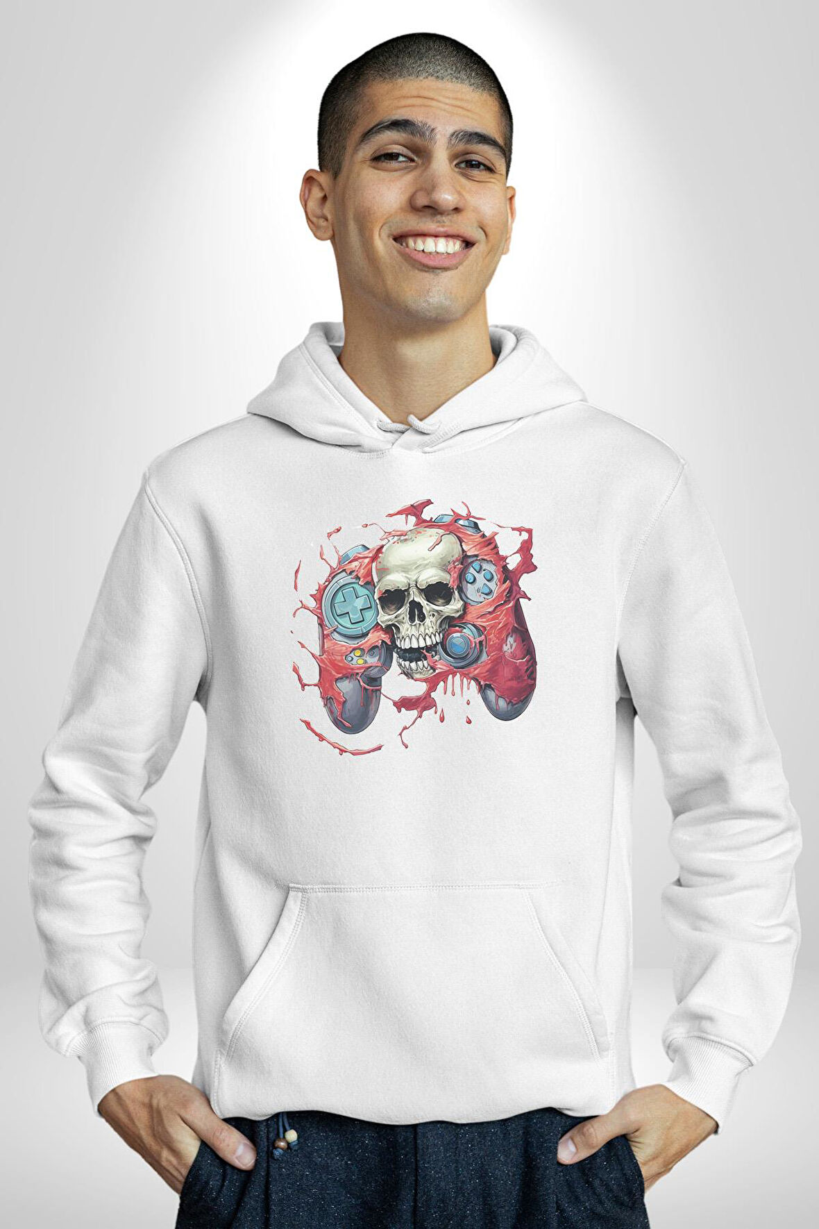 Oyun Kumandası İnsanı Ele Geçirişi Kadın Erkek  Beyaz Kapüşonlu Sweatshirt Hoodie