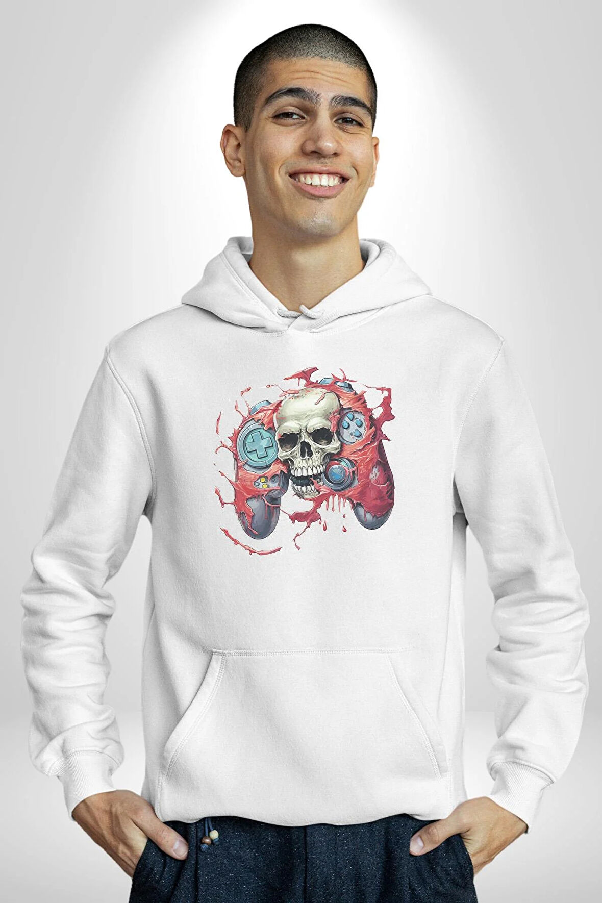 Oyun Kumandası İnsanı Ele Geçirişi Kadın Erkek  Beyaz Kapüşonlu Sweatshirt Hoodie