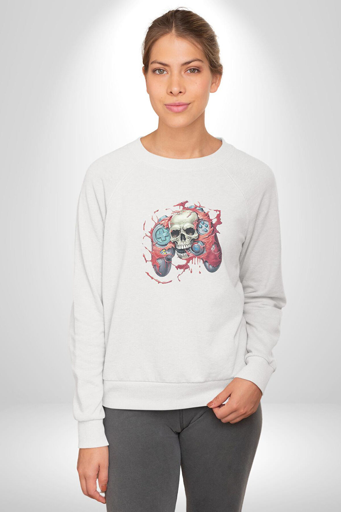 Oyun Kumandası İnsanı Ele Geçirişi Kadın Erkek  Beyaz Baskılı Sweatshirt 
