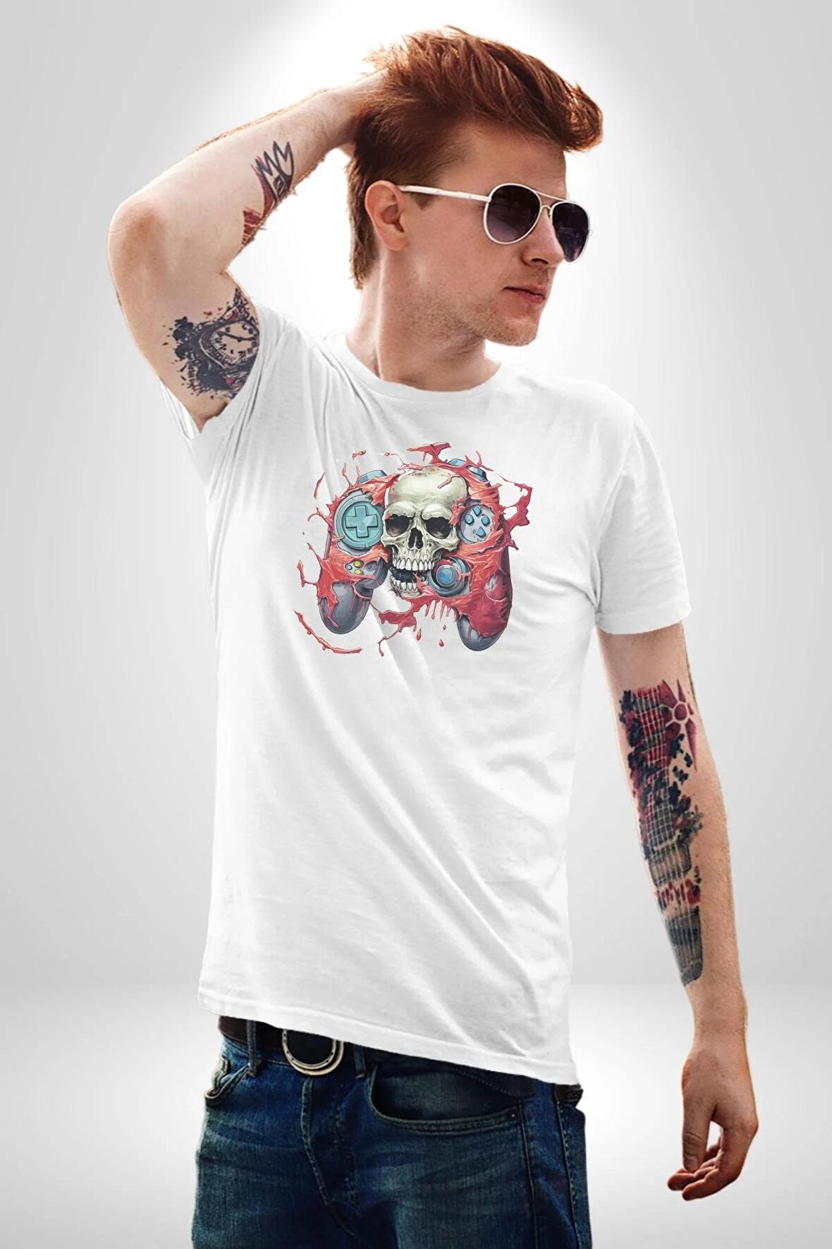 Oyun Kumandası İnsanı Ele Geçirişi Kadın Erkek Unisex Beyaz Organik Baskılı T-Shirt Penye Yüksek Kalite