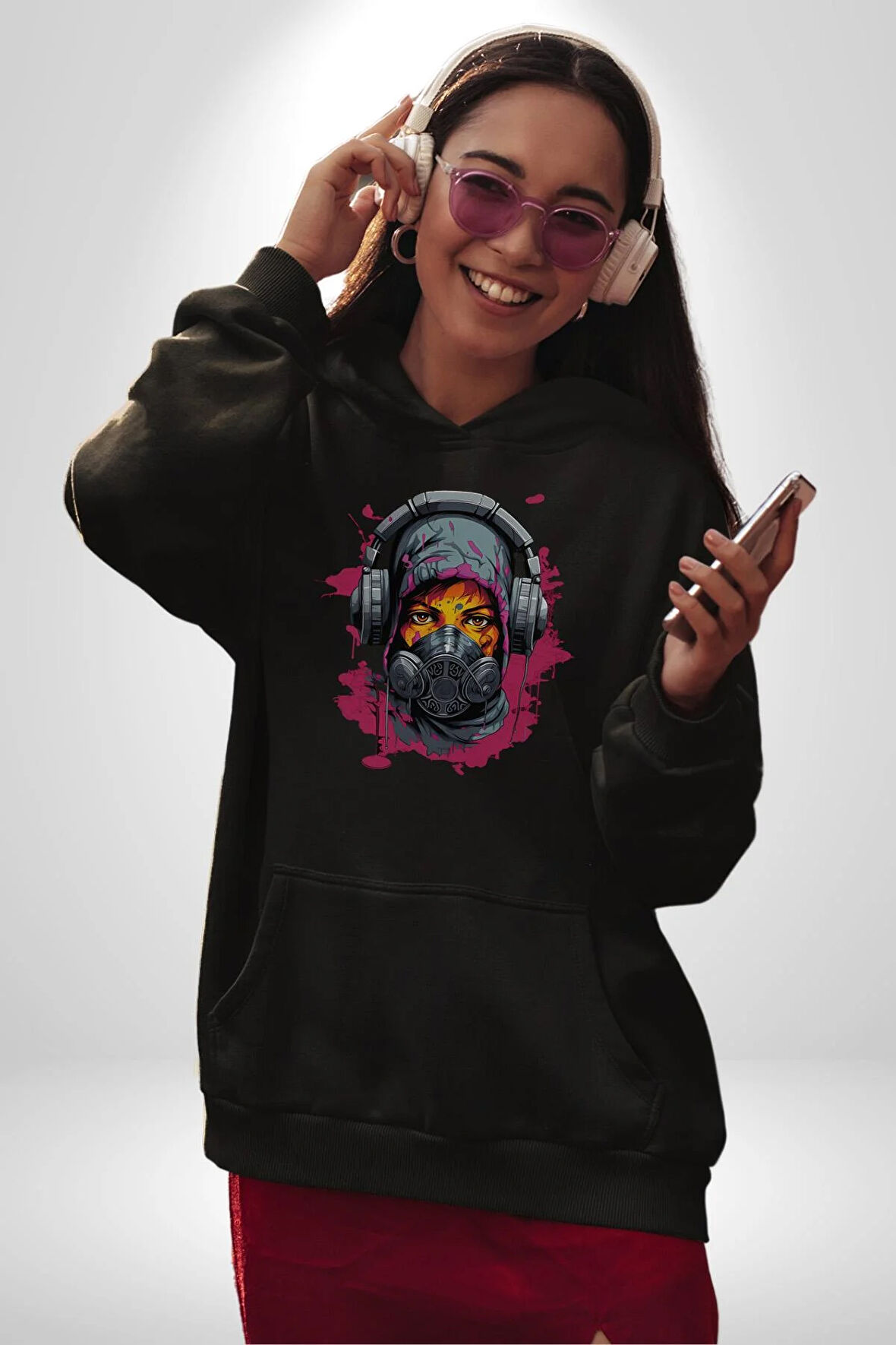 Maske Duman Corona Müzik Kulaklık  Kadın Erkek  Siyah Kapüşonlu Sweatshirt Hoodie