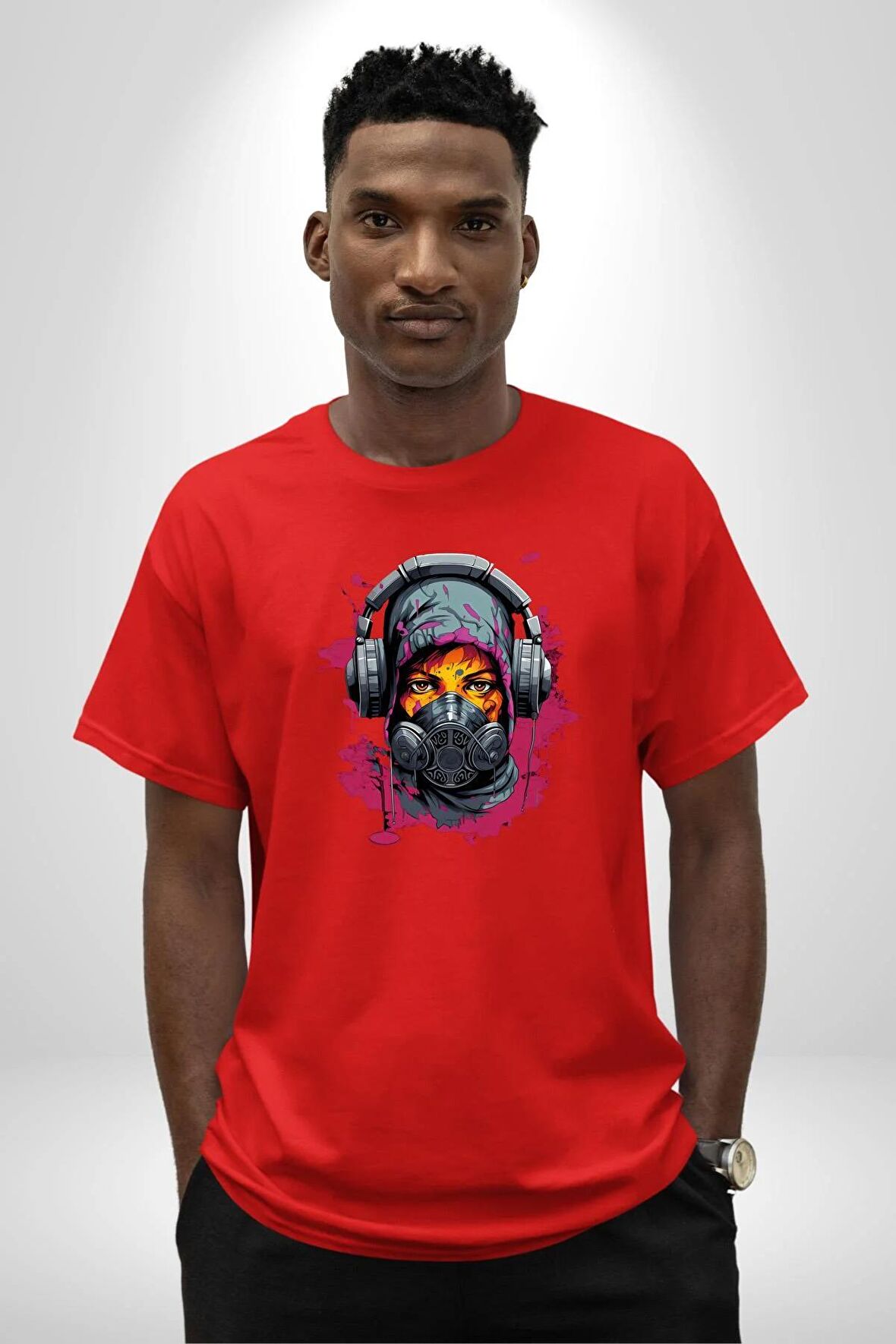 Maske Duman Corona Müzik Kulaklık  Pamuklu Bisiklet Yaka Kadın Erkek Oversize Boyfriend Dijital Baskılı Kırmızı T-Shirt