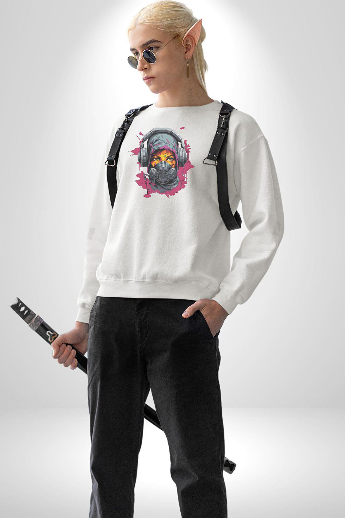 Maske Duman Corona Müzik Kulaklık  Kadın Erkek  Beyaz Baskılı Sweatshirt 