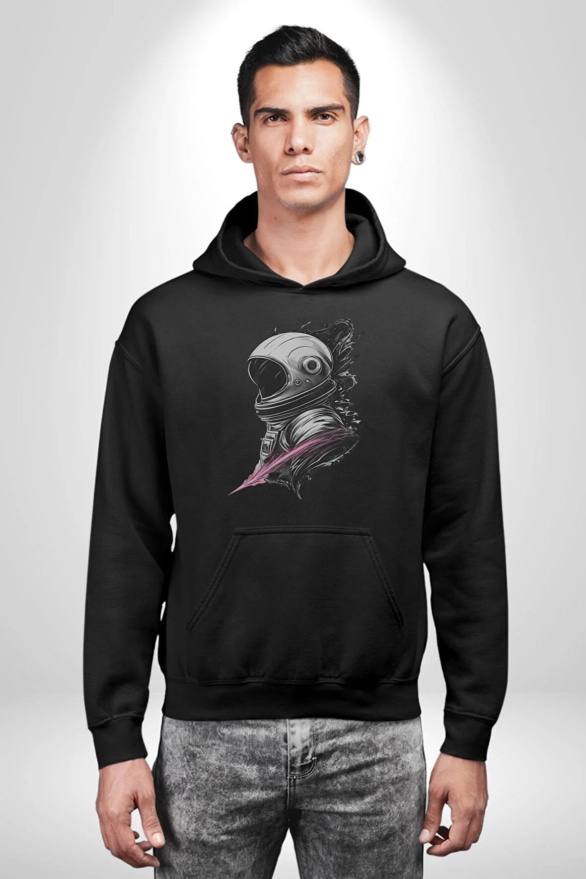 Astronot Kafası  Kadın Erkek  Siyah Kapüşonlu Sweatshirt Hoodie