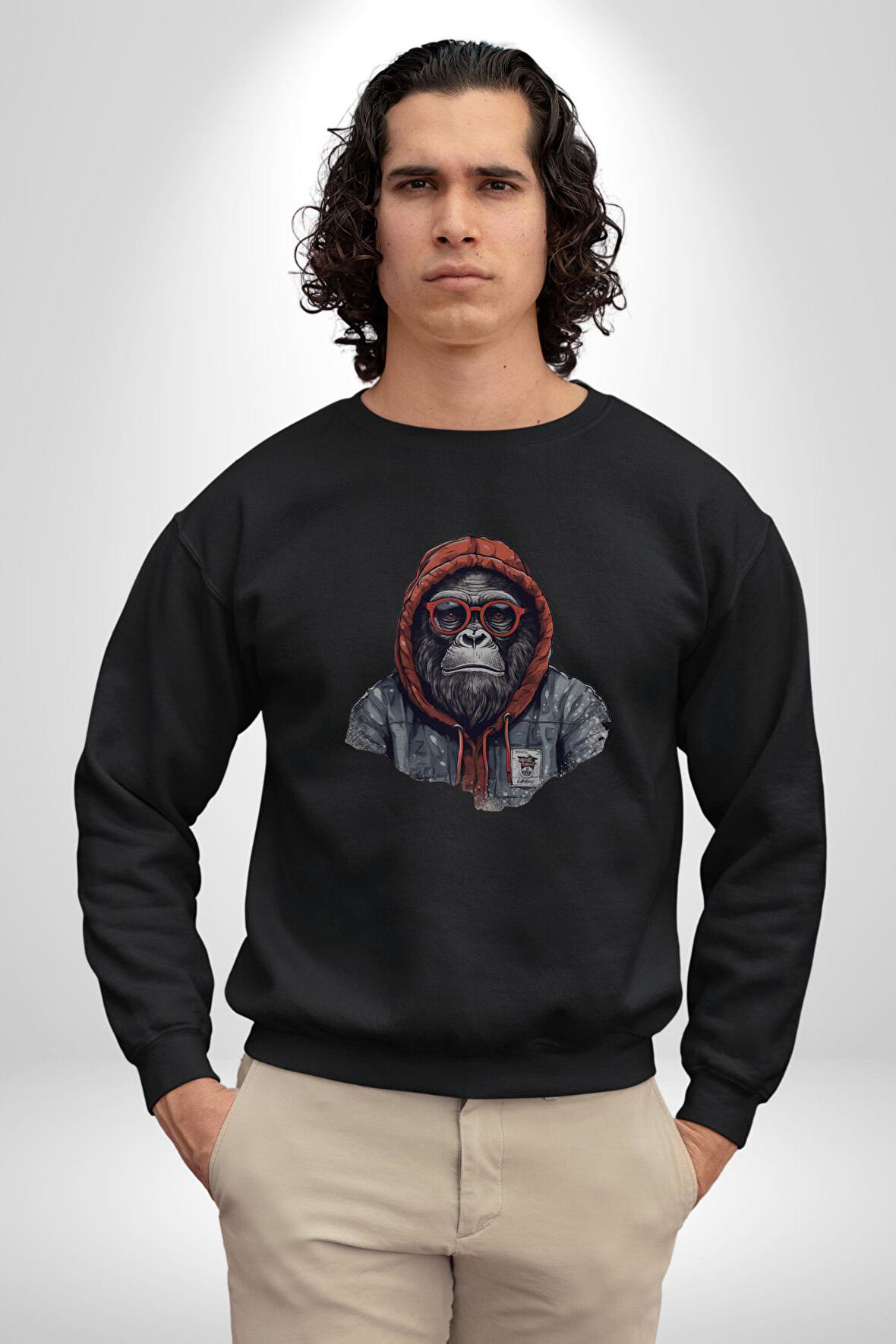 Kırmızı Gözlük Çeket Maymun Kadın Erkek  Siyah Baskılı Sweatshirt 