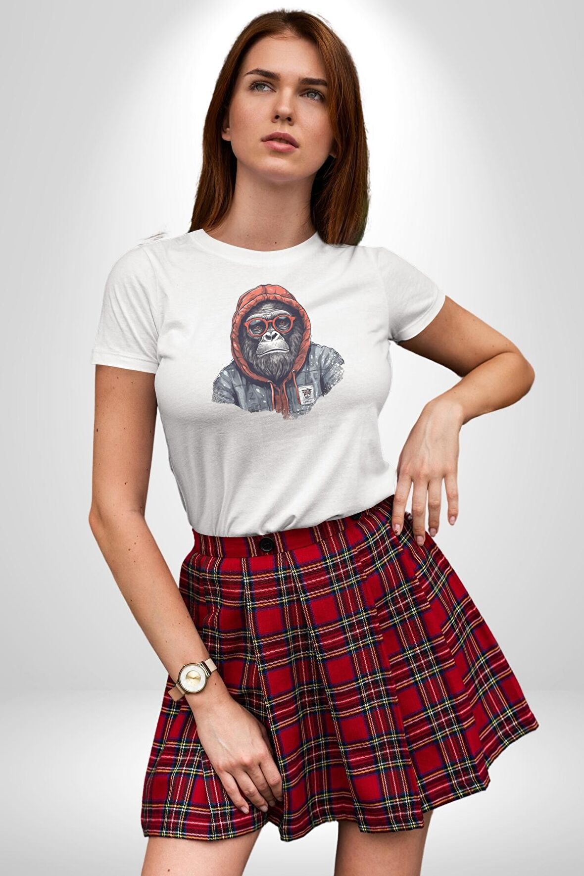 Kırmızı Gözlük Çeket Maymun Kadın Erkek Unisex Beyaz Organik Baskılı T-Shirt Penye Yüksek Kalite