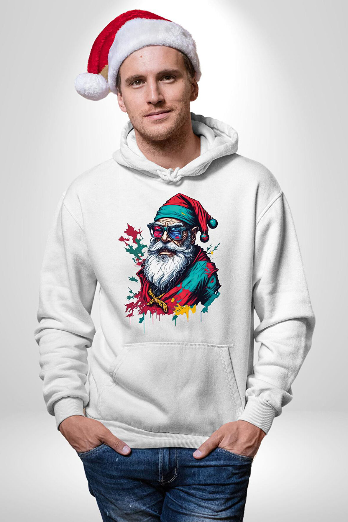 Renkli Noel Baba Yeni Nesil Gözlüklü Kadın Erkek  Beyaz Kapüşonlu Sweatshirt Hoodie