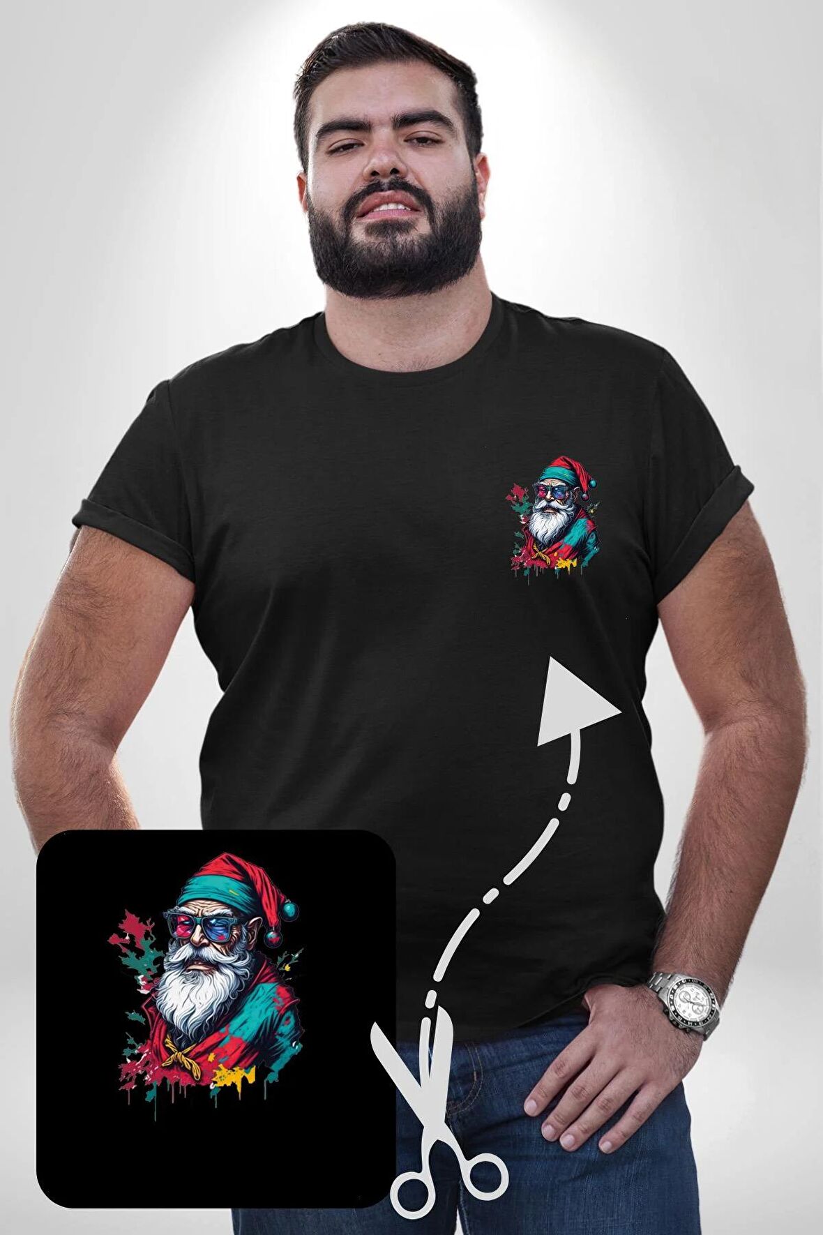Renkli Noel Baba Yeni Nesil Gözlüklü Siyah Büyük Beden Kadın Basic Minimal Baskılı Tişört