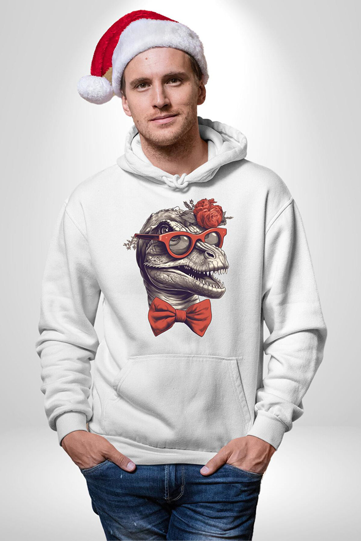 Kırmızı Gözlük Papyon Dinazor  Kadın Erkek  Beyaz Kapüşonlu Sweatshirt Hoodie