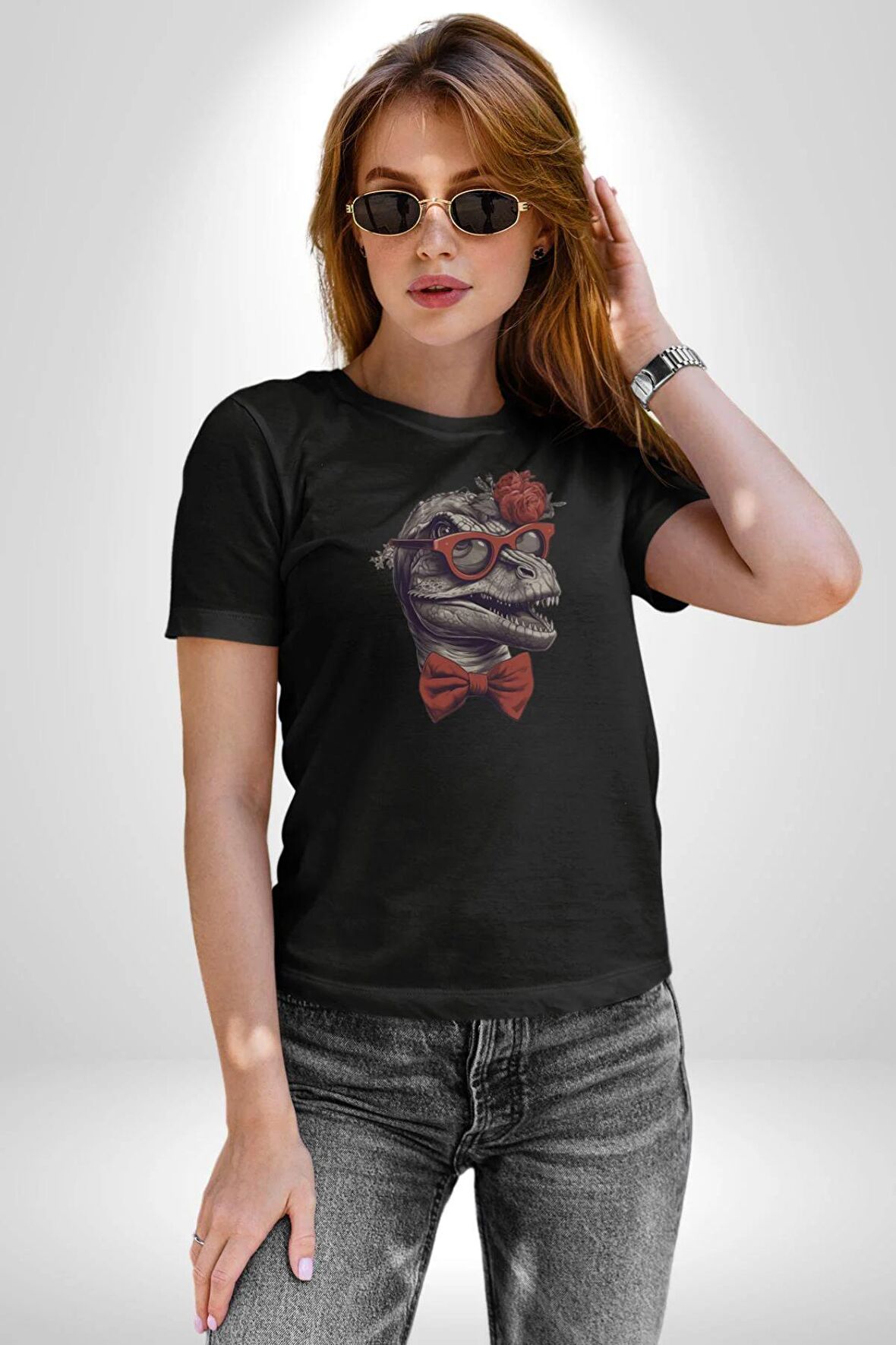 Kırmızı Gözlük Papyon Dinazor  Kadın Erkek Unisex Siyah Organik Baskılı T-Shirt Penye Yüksek Kalite