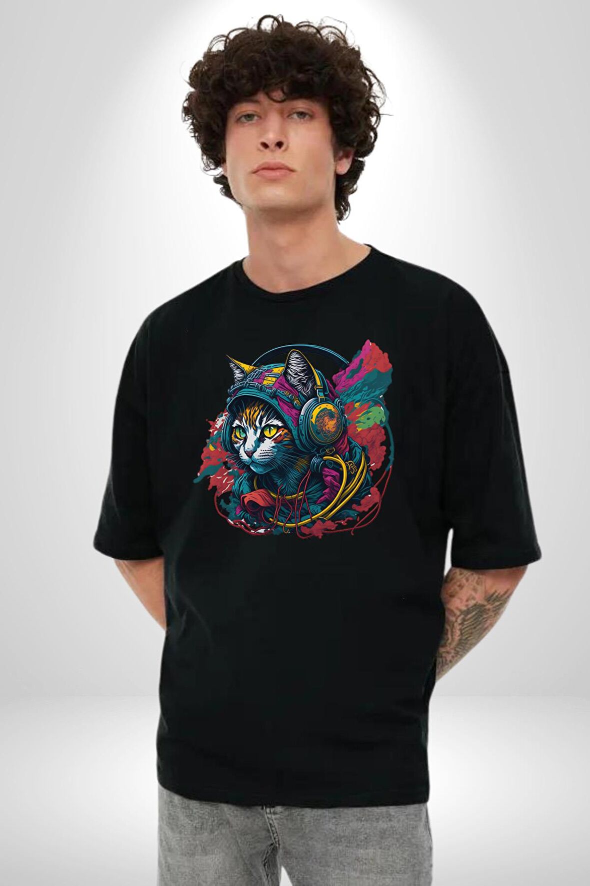 Kulaklık Kedi Müzik Tekir  Pamuklu Bisiklet Yaka Kadın Erkek Oversize Boyfriend Dijital Baskılı Siyah T-shirt