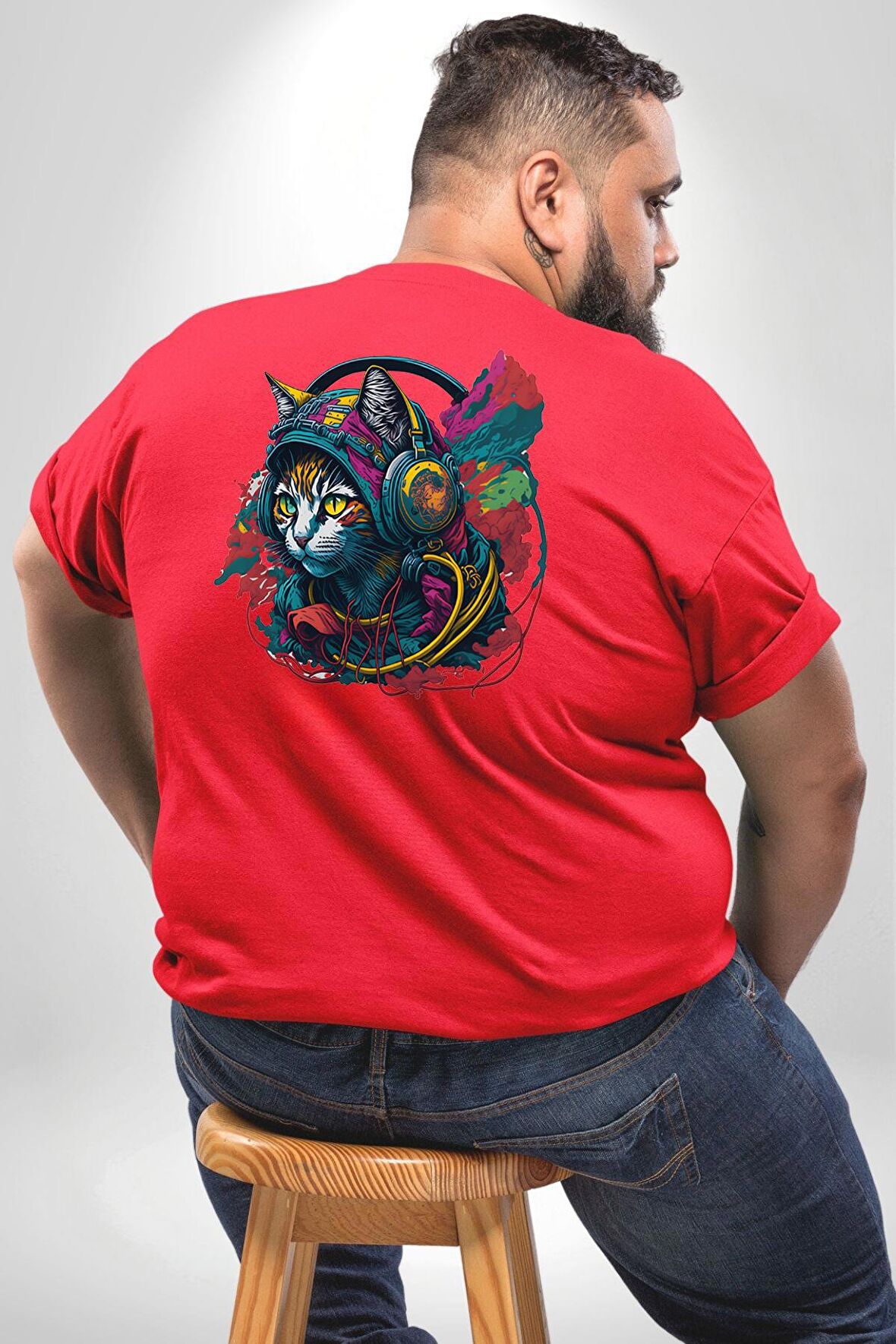 Kulaklık Kedi Müzik Tekir  Büyük Beden Kırmızı Tişört Kadın Erkek Ünisex Sırt Baskılı