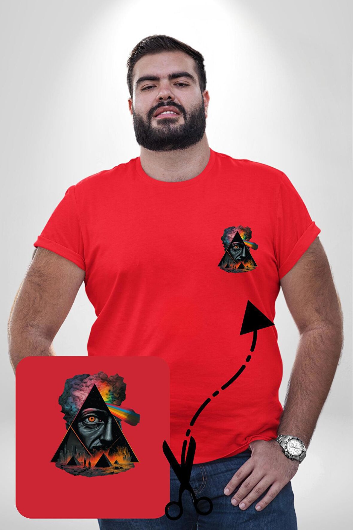 Pink Floyd Göz Piramit Kırmızı Büyük Beden Kadın Basic Minimal Baskılı Tişört