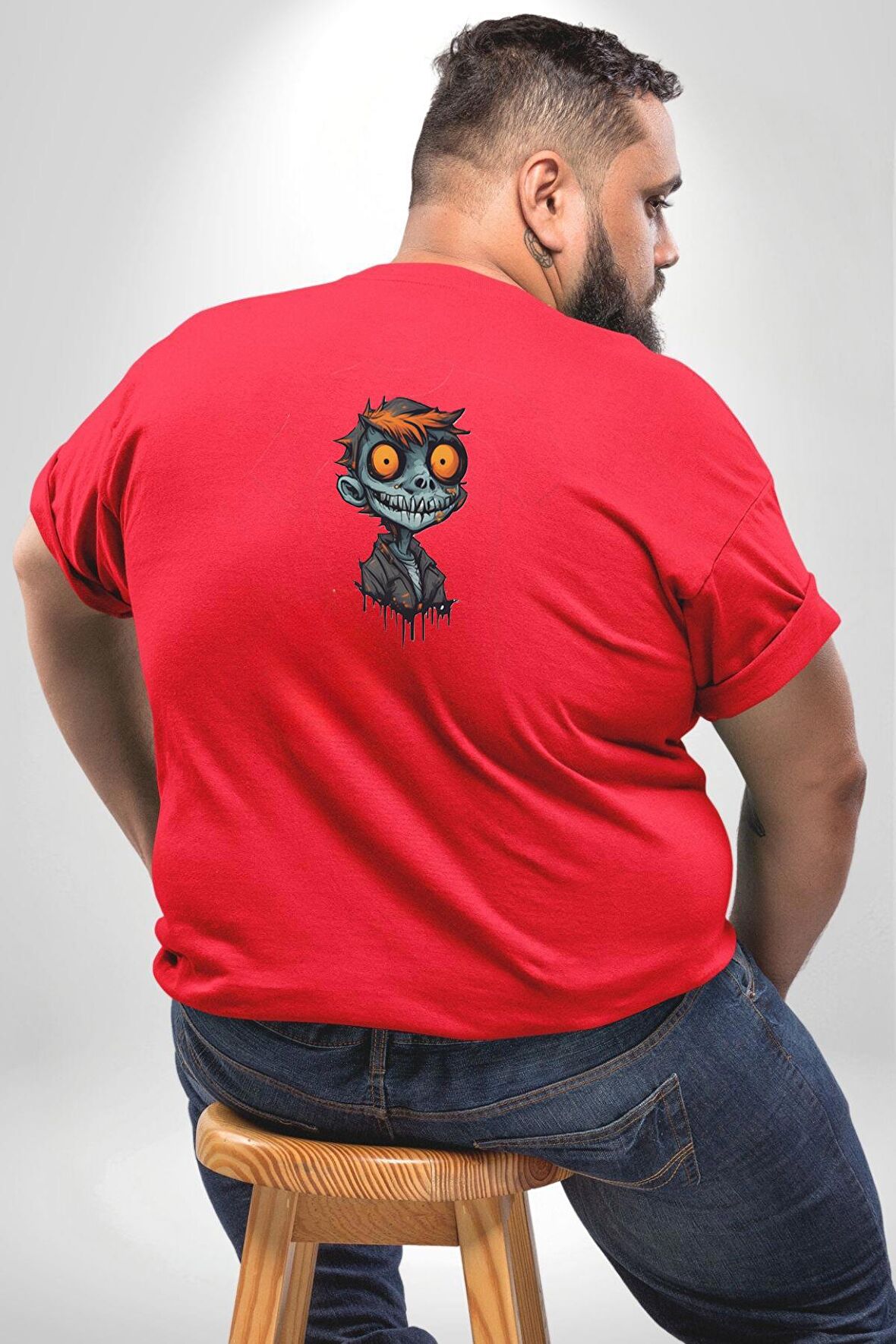 Halloween Genç Zombi Büyük Beden Kırmızı Tişört Kadın Erkek Ünisex Sırt Baskılı