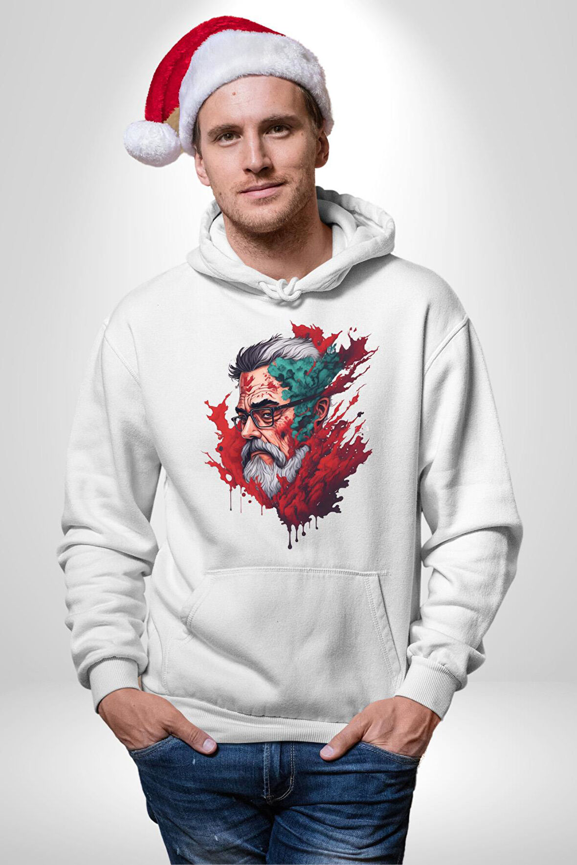 Santa Cool Gözlüklü Kadın Erkek  Beyaz Kapüşonlu Sweatshirt Hoodie