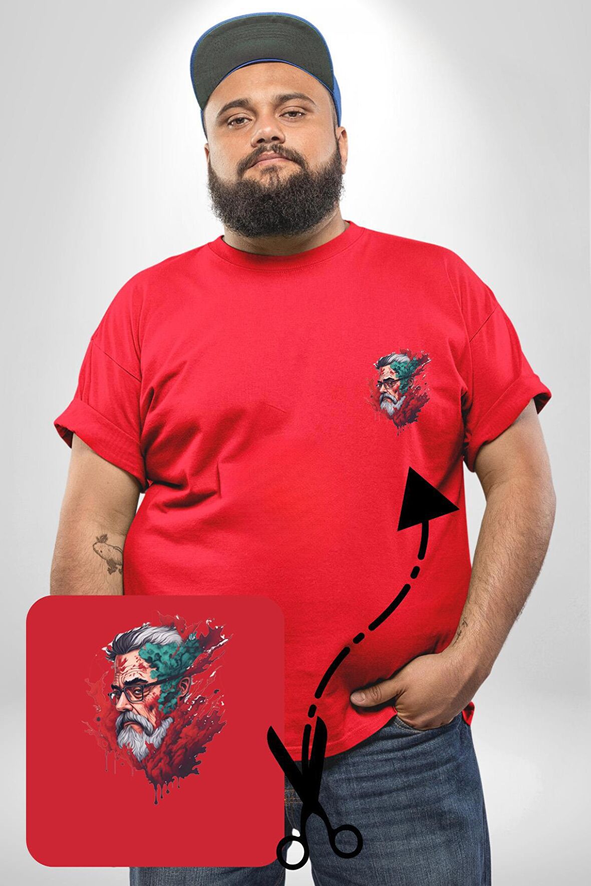 Santa Cool Gözlüklü Kırmızı Büyük Beden Kadın Basic Minimal Baskılı Tişört